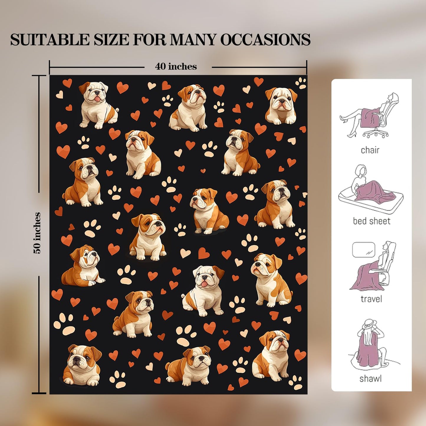 English Bulldog Blanket English Bulldog Decor Cozy Animal Throw Super Soft Plush Flannel Fleece Blanket Gift for Kids Adults Men Women Ultra Warm & Lightweight Flannel, 50"X40"