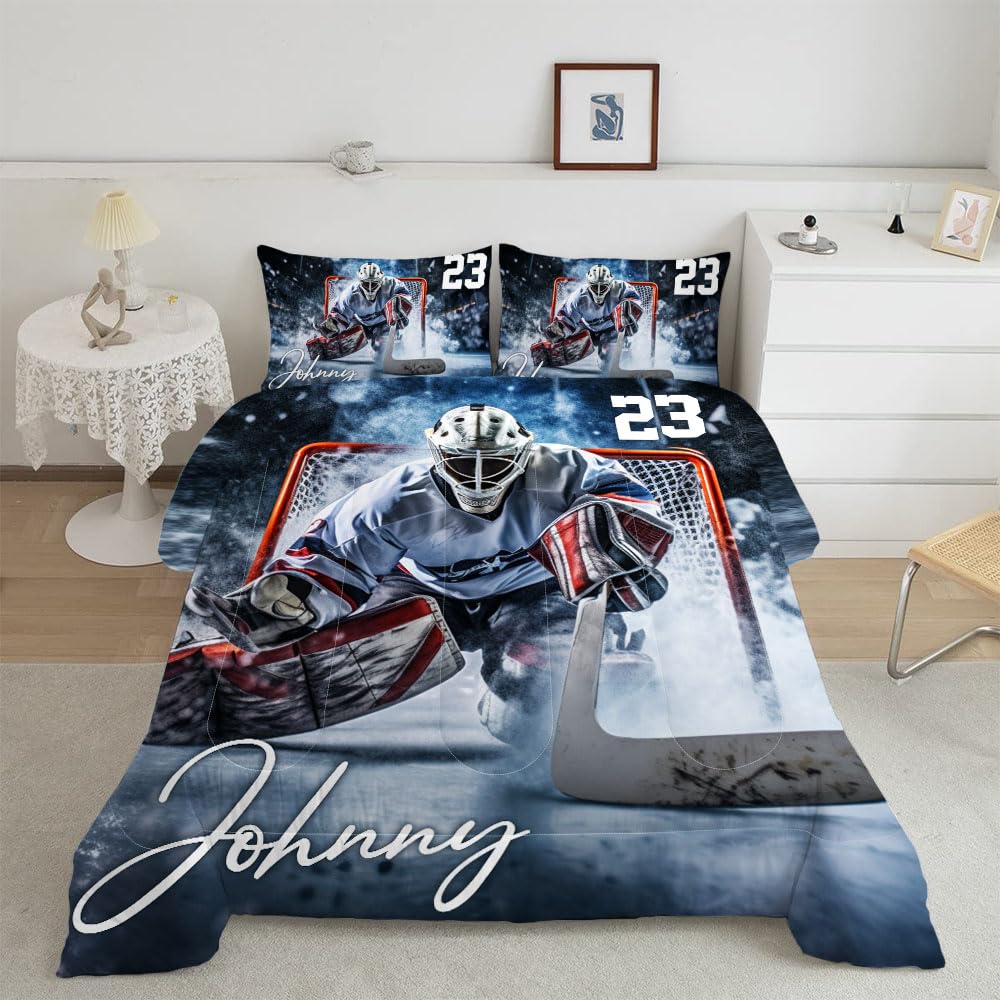 WAZARO Custom Ice Hockey Comforter Set, Personalized Bedding Twin Full Queen King, Hockey Decorations for Boys Room Bedspreads Sport Home Decor (Amazing Ice Goalie)