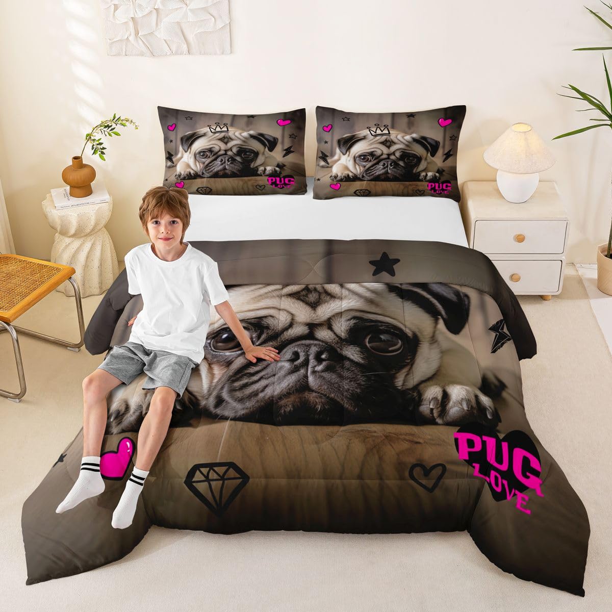 Manfei 3D Pug Comforter Set Twin Size Cute Pug Puppy Dog Bedding Set 2pcs for Kids Boys Girls Room Decor, Animal Theme Quilt Set Pink Hearts Lightning Star Print Duvet Set with 1 Pillowcase