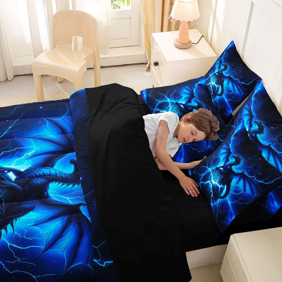 Feelyou Dragon Comforter Set with Sheets 7 Piece Twin Size Chic Outer Space Starry Sky Bed in a Bag Kids Boys Girls ungle Animals Dragon Bedding Set Bedroom Decor Breathable Soft Microfiber