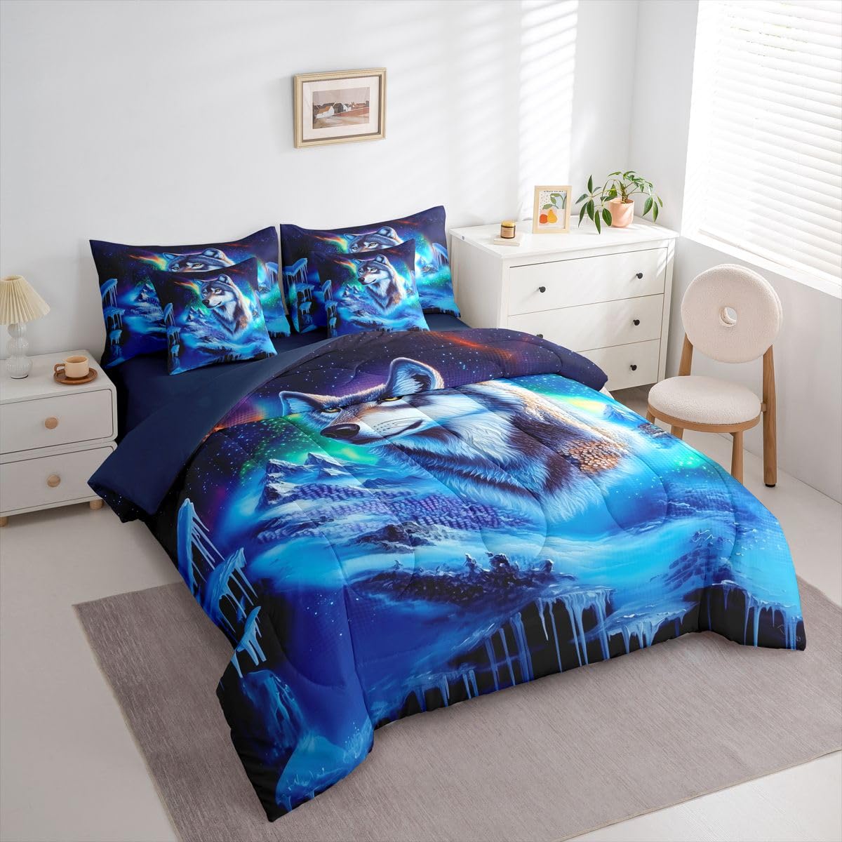Feelyou Wolf Comforter Set with Sheets 7 Piece Queen Size Wolves Howling Bedding Set for Kids Boys Girls Western Farmhouse Bed in a Bag Wild Animal Room Decor Soft Microfiber