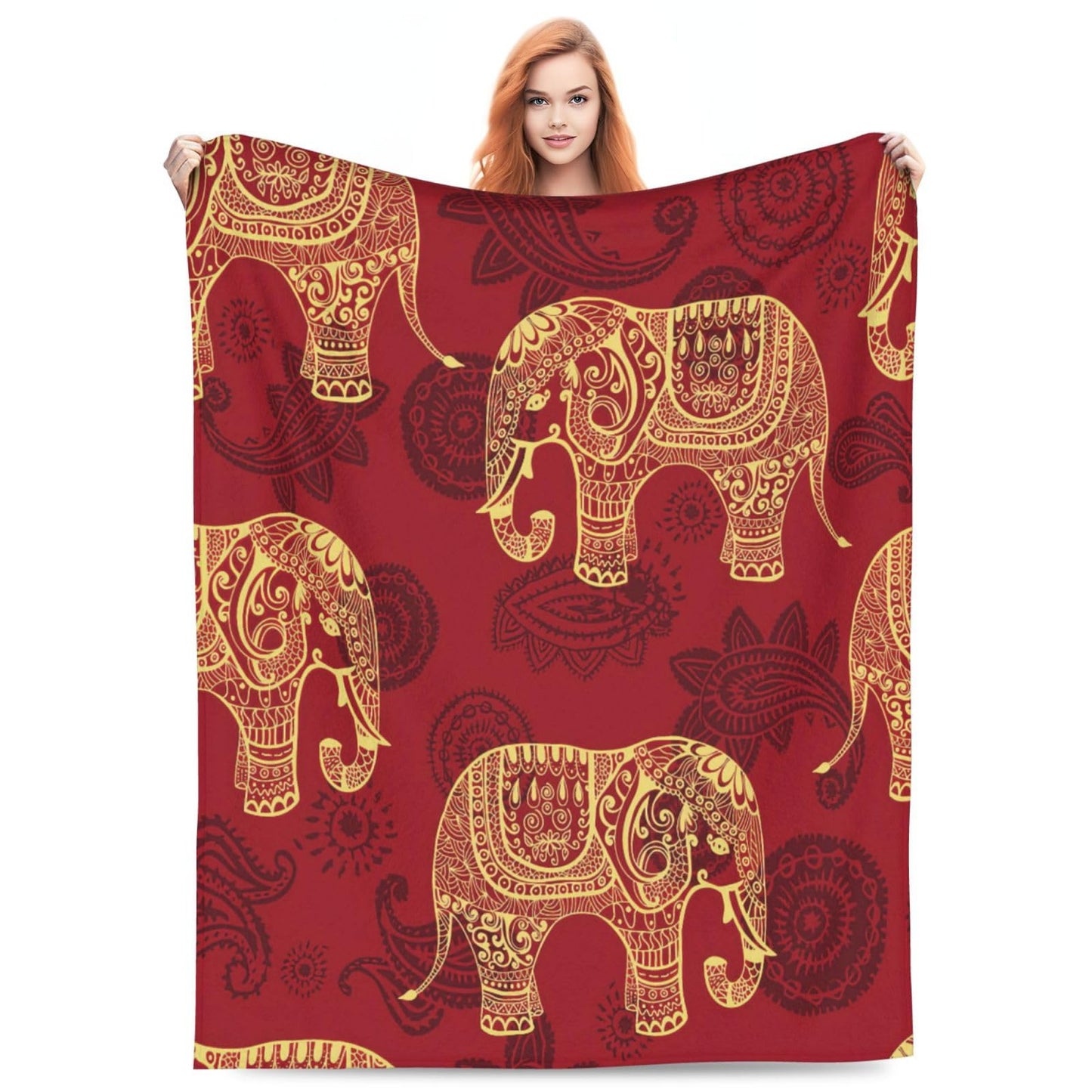 SweetFox Elephant Blanket Red Boho Elephant Decor Throw Blanket Gifts for Girls Boys Super Warm Soft Plush Lightweight Fleece Flannel Winter Couch Bedding Blankets for Kids Adults Women Men 50"X40"