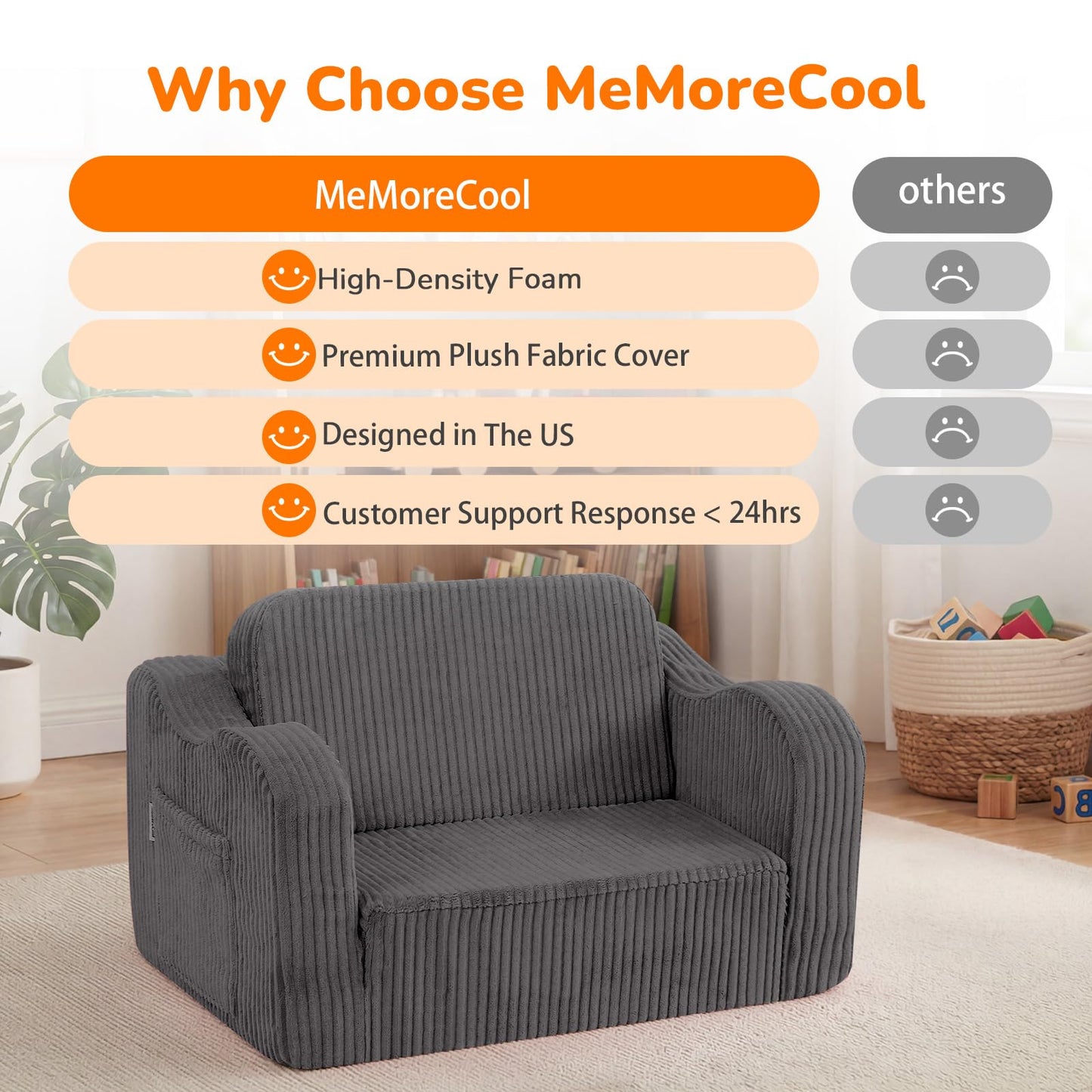 MeMoreCool Kids Chair Comfy for Ages 3+, Corduroy Kids Couch Fold Out, 2-in-1 Foldable Kids Armchair, Pull Out Children Sofa, Dark Grey