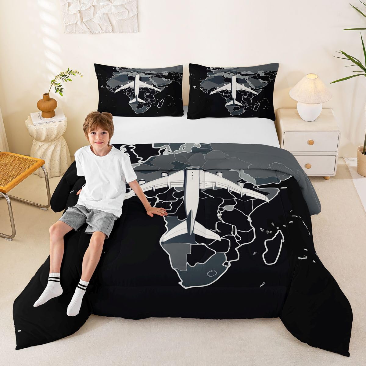 Erosebridal Airplane Comforter Set Full Aircraft Bedding Set Gradient Gray World Map Comforter for Kids Boys Girls Modern Transportation Plane Quilt Duvet