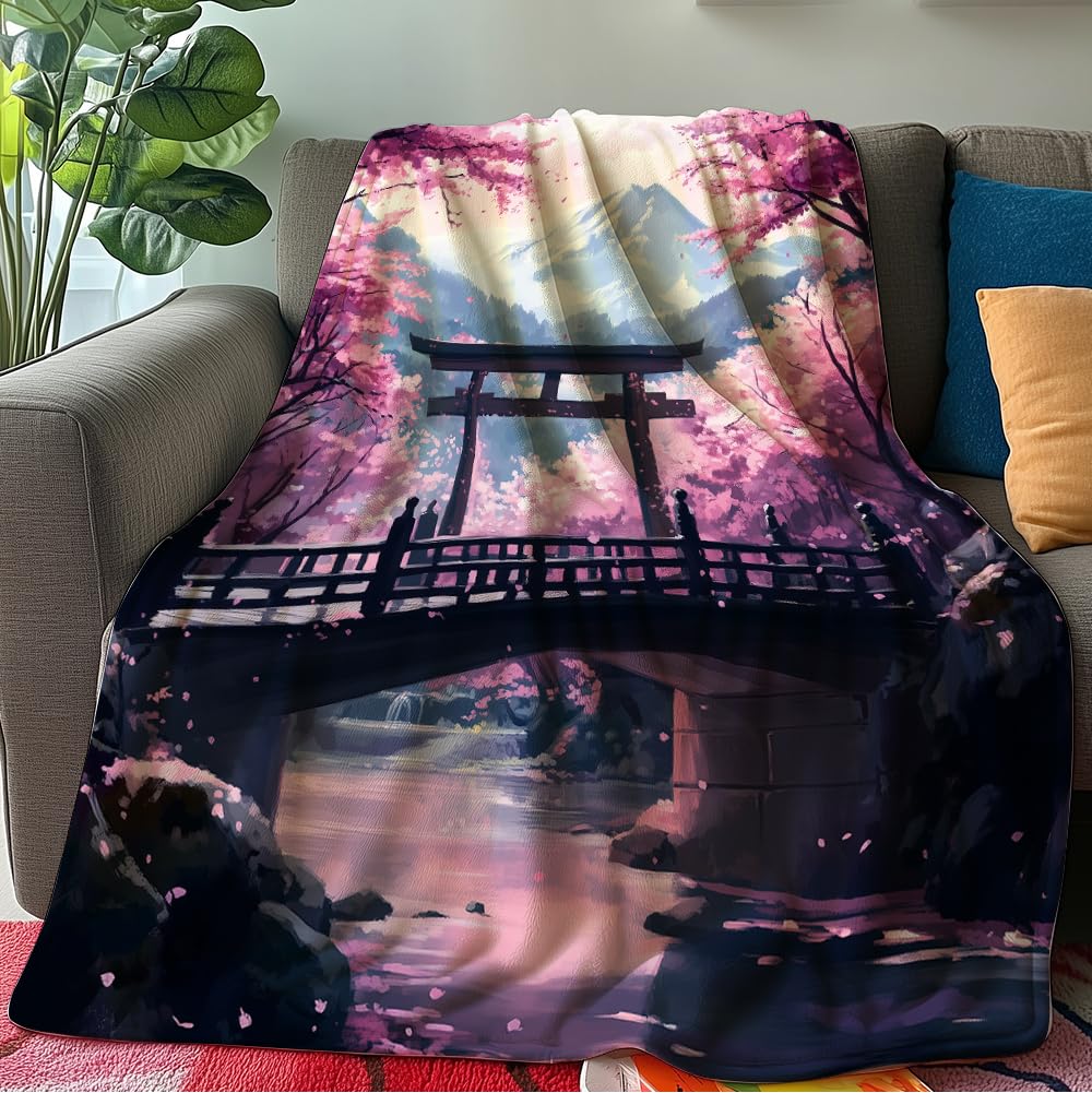 HUNXIAOJ Japanese Throw Blanket Japanese Gifts Cherry Blossom Blanket Japan Scenery Decor Warm Soft Flannel for Girls Boys Women Teens Adults Bed Sofa Couch (60 in x 80 in)