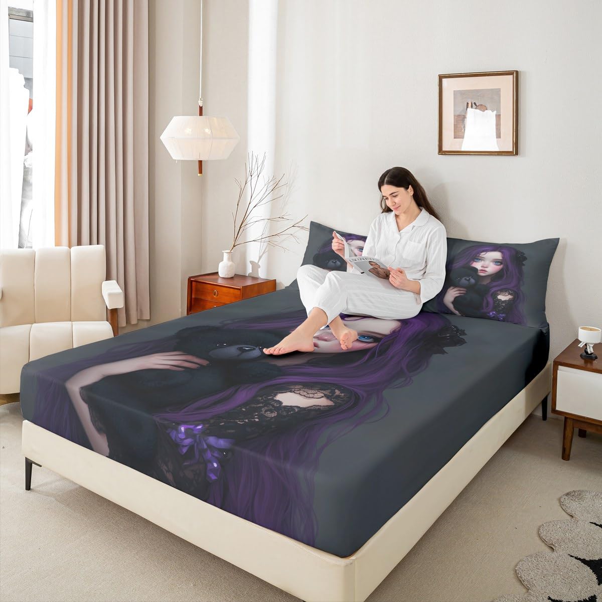 Erosebridal Anime Girl Bed Sheets Set Full for Kids, Kawaii Girl Flat Fitted Sheet Japanese Style Bedding Sets for Girls Adult Japanese Animation Bedding Sets for Bedroom Decor 2 Pillow Cases
