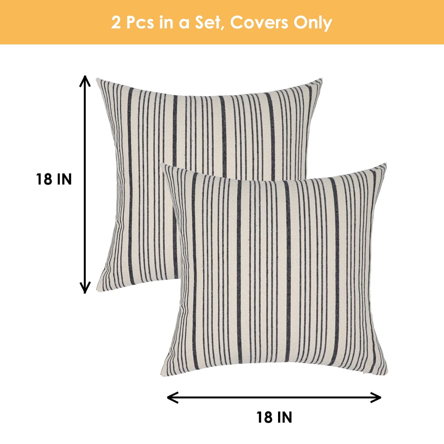 NAVIBULE Black Pillow Covers Linen Farmhouse Throw Pillow Covers Outdoor Striped Decorative Square Throw Pillows for Couch Sofa Bed 18x18 in Pack of 2 Black and Cream