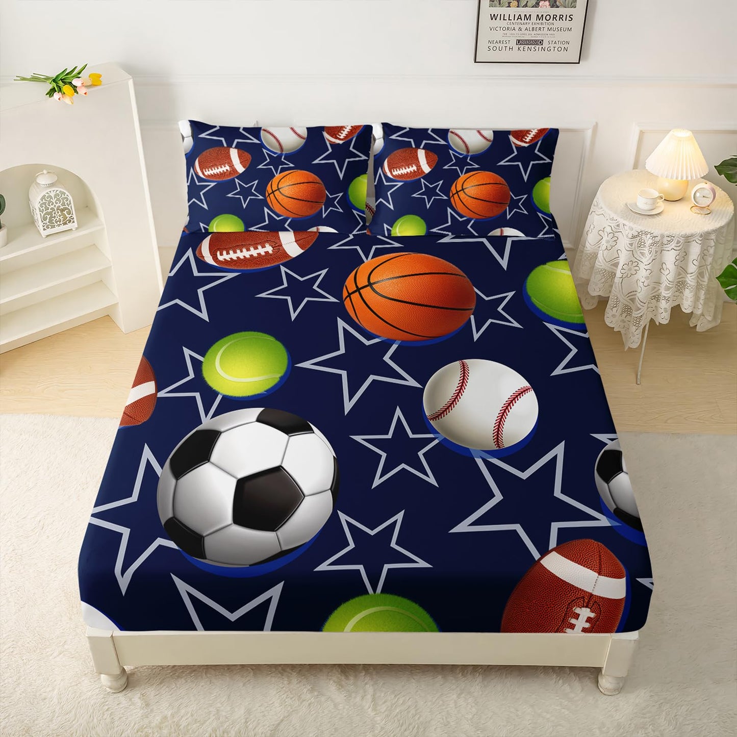 QOOMO Ball Print Kids Sheet Set Full Size,Soccer Basketball Bedding Set Lightweight for All Seasons,Blue Sets for Boy Room Decoration,1 Fitted Sheet,1 Flat Sheet,2 Pillow Cases
