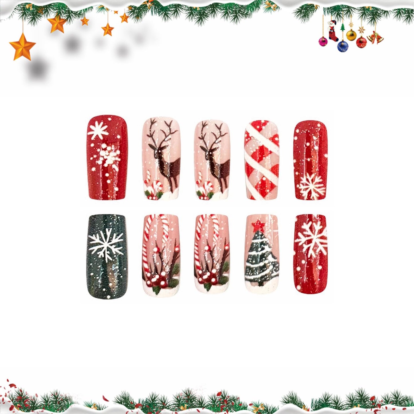 MISUD Press on Nails - Medium Square Fake Nails with Snowflake Elk, Acrylic Xmas Red Green Design 24 pcs