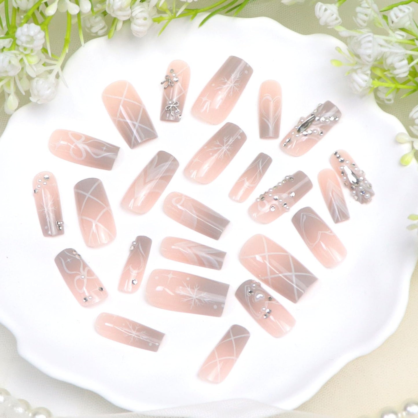 Press on Nails Medium Square Fake Nails with Pearl Rhinestones Bow Snowflake Designs Grey Gradient Nails Press ons Cute False Nails for Women 24Pcs