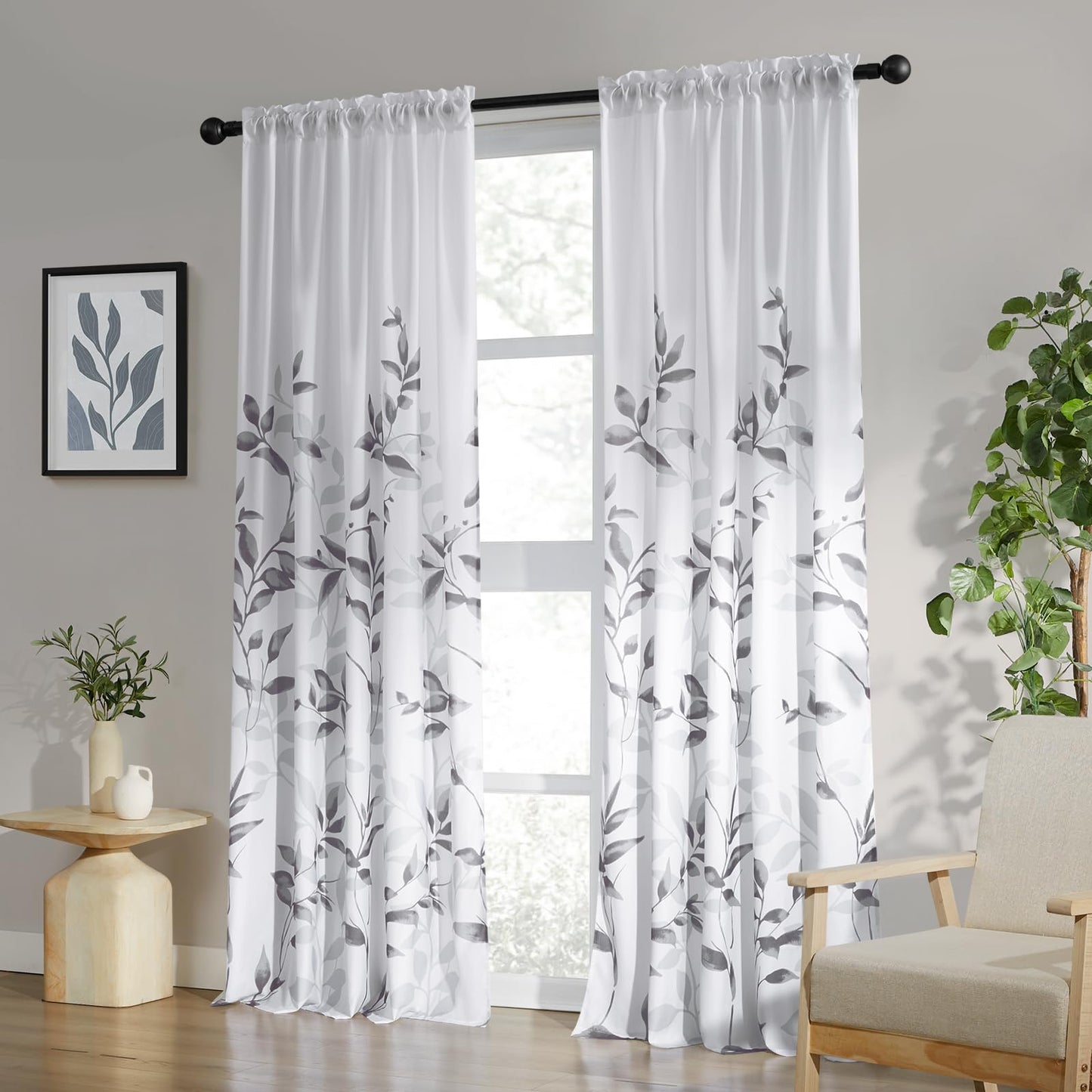 HOMEIDEAS Grey and White Semi Sheer Curtains, 84 Inches Long Light Filtering Drapes, Gray Leaf Printed Privacy Sheer Curtains for Bedroom Living Room, 2 Panels