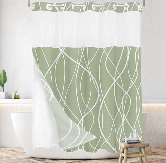 Tititex No Hooks Snap in Liner Abstract Curve Lines Sage Green White Shower Curtain, Hotel Luxury Double Layers Without Hooks Waterproof Fabric & See-Through Top Window Bathroom 71x71 Inch