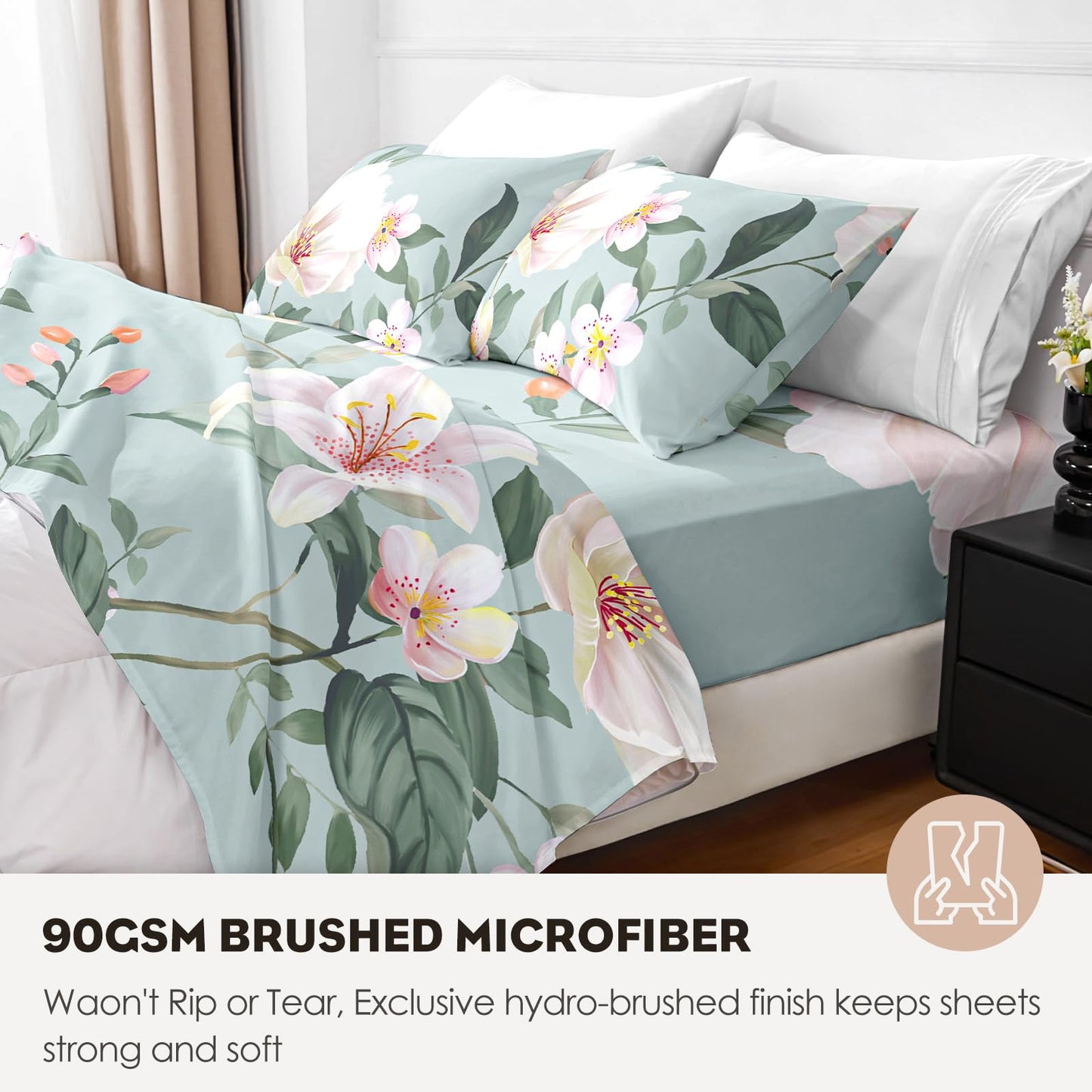 HCORA Floral King Size Sheets Set, Luxury 1800TC Hotel Quality Double Brushed Microfiber Deep Pocket Bed Sheets, Ultra Soft, Breathable and Cooling, 4PC, King