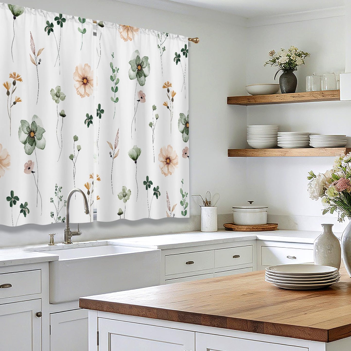 Cizuug Kitchen Curtains Boho Country Green Flower Small Short Small Short Cafe Tier Curtains Decor for Living Dining Room Bathroom RV Rod Pocket Window Drapes Treatment 2 Panels (27.5x39Inch)