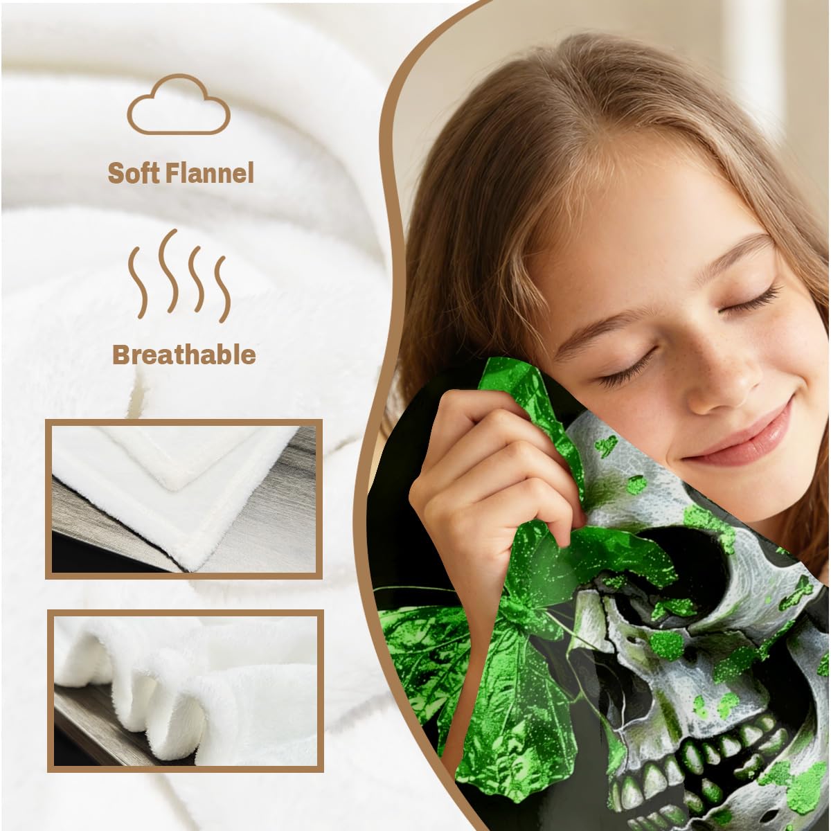 HUNXIAOJ Skull Butterfly Blanket Gifts Green Gothic Decor Butterfly Skeleton Throw Blanket Soft Flannel Skull Bedding for Couch Bed Living Room Home Halloween Decor 49"x59"