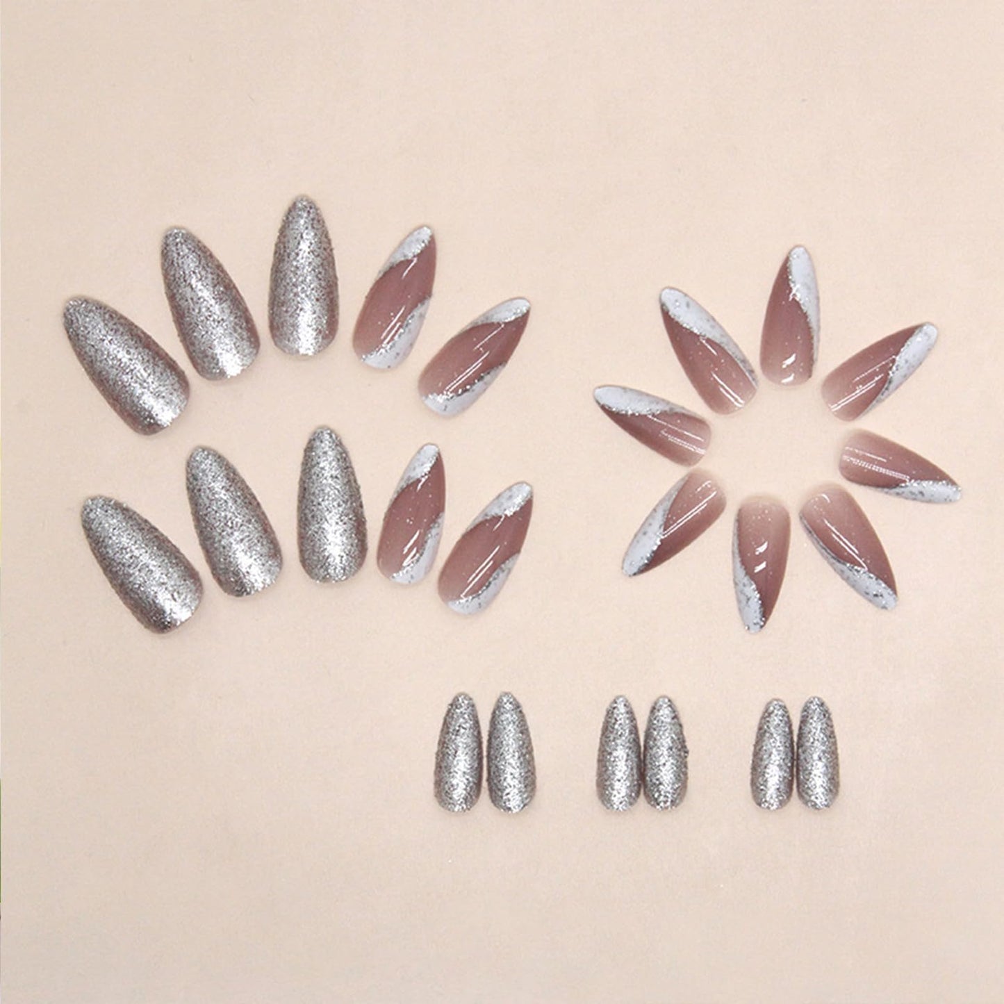 IMSOHOT Almond Press on Nails Glitter French Tips Fake Nails Silver Shiny Glossy Glue on Nails Full Cover Stiletto Acrylic False Nails for Women 24pcs