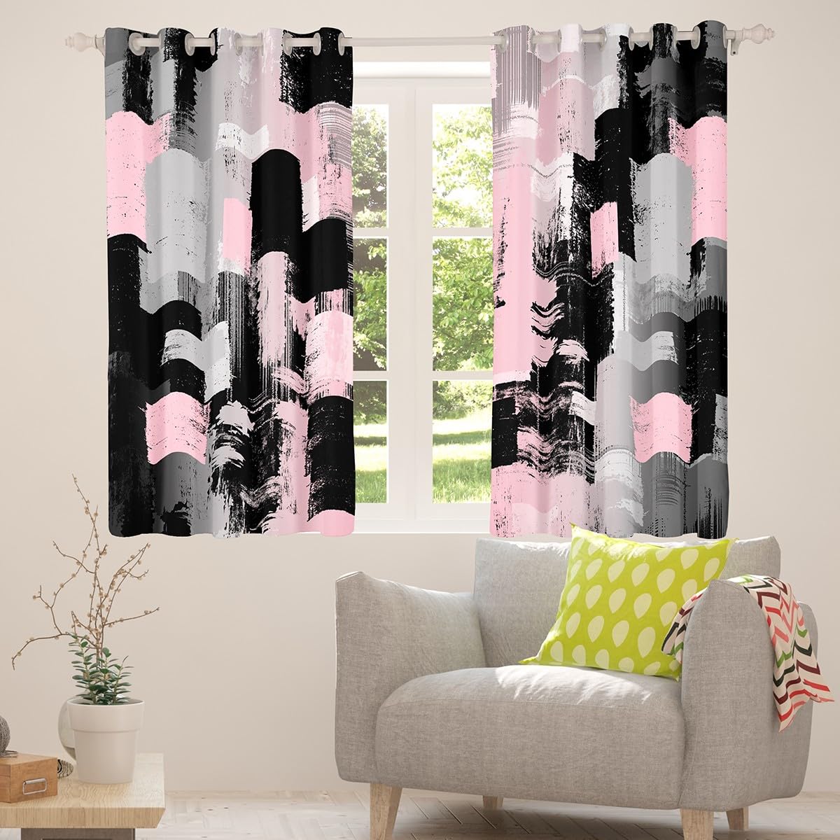 jejeloiu Kids Abstract Curtains for Bedroom Living Room (2 Panels, 42 x 84 Inch) Vintage Messy Rust Darkening Drapes Modern Art Blackout Curtains Teal Pink and Black Window Treatments