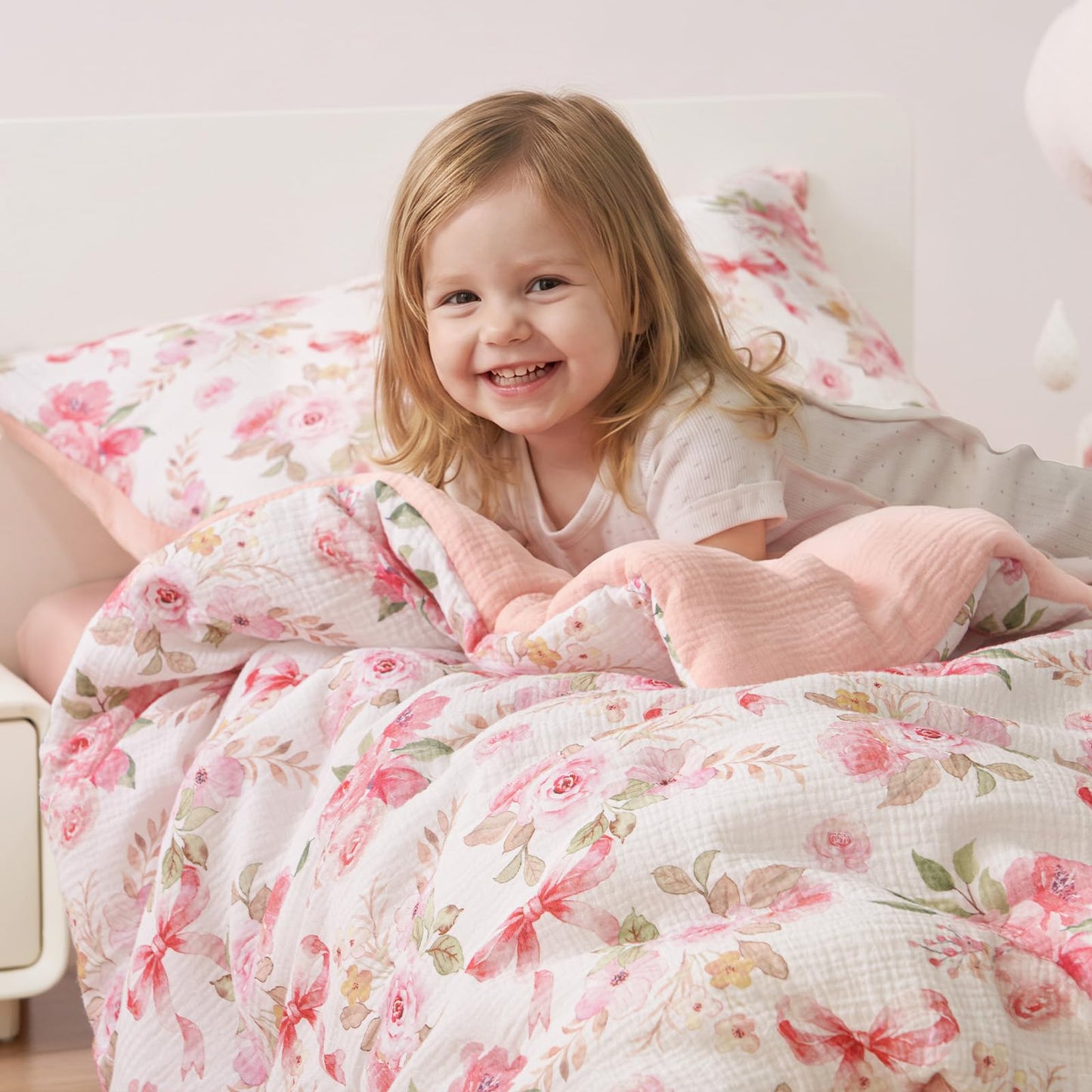 PHF Cotton Muslin Toddler Bedding Set, Soft 3 Piece Toddler Comforter Kids Bed Set, Pink Flower Bow Bedding Set for Girls