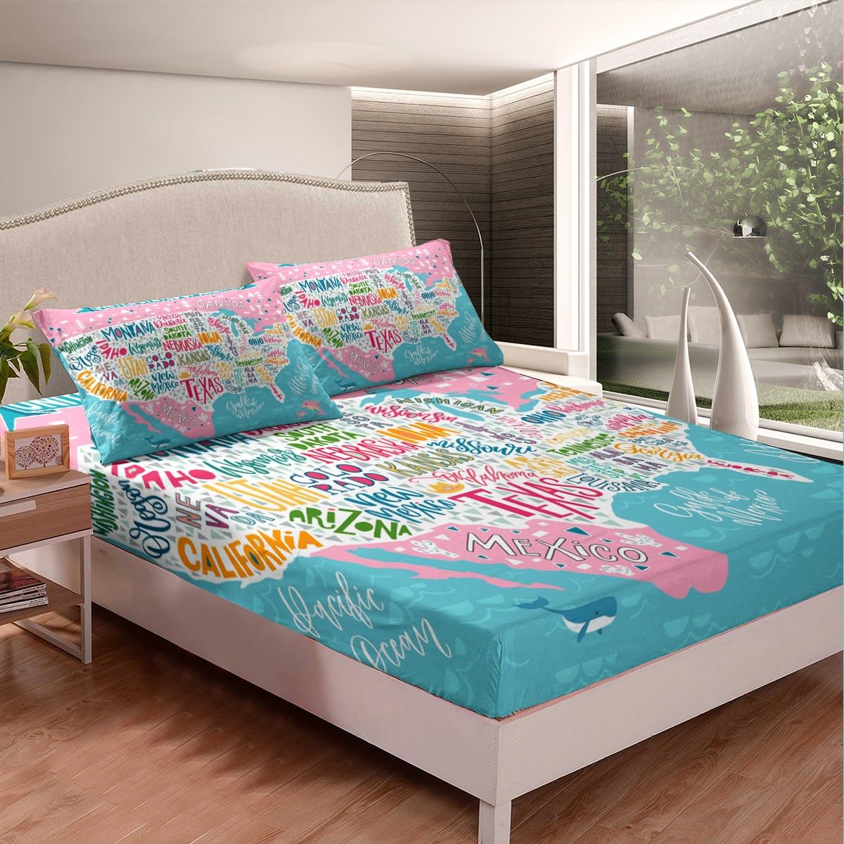 Blue Pink USA Map Fitted Sheet Twin, Geography Bed Cover Lightweight Bed Set