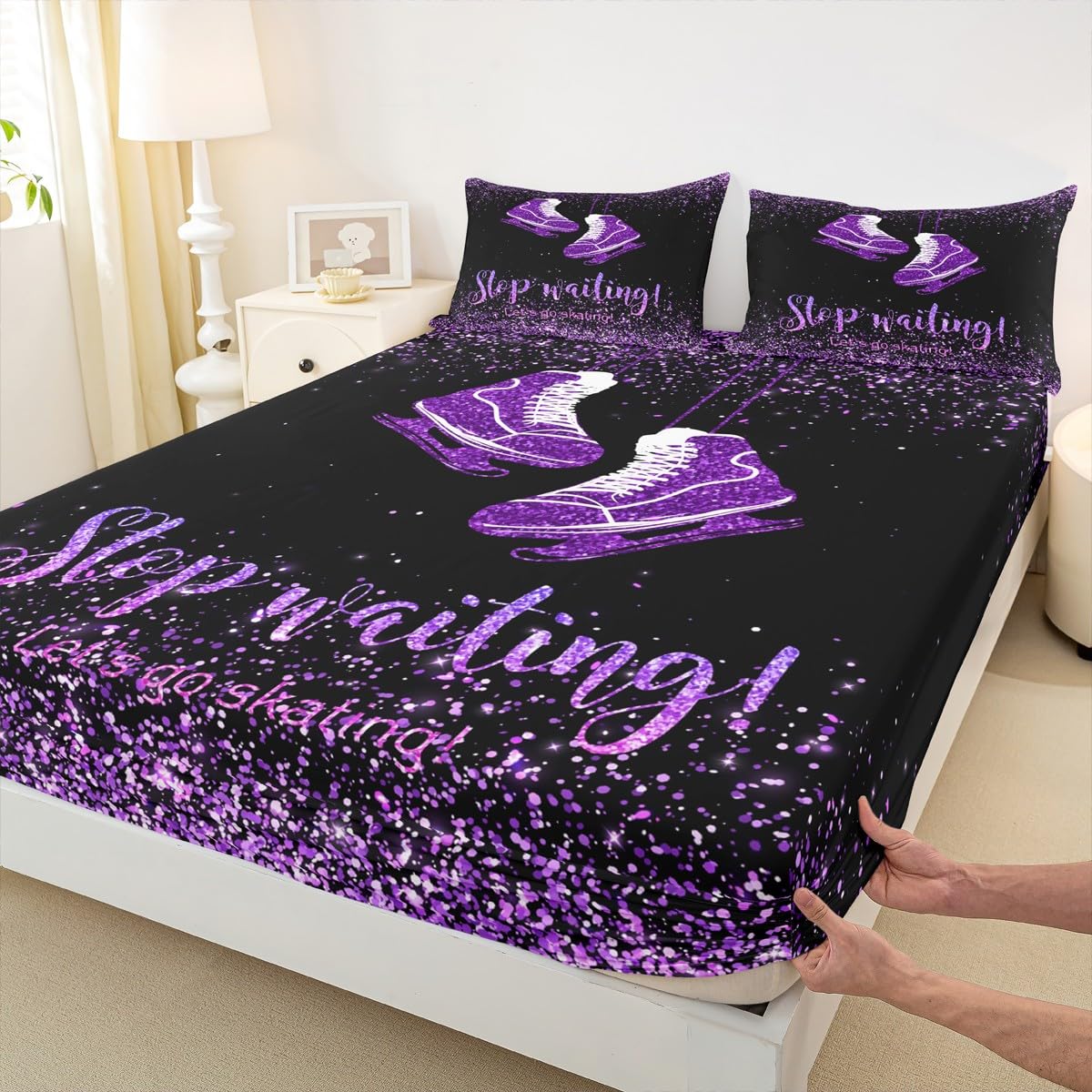 Homewish Skate Shoes Fitted Sheet Queen Size,Ice Skating Game Bedding Set 3pcs for Kids Teens Girls Boys Room Decor,Extreme Sport Bed Cover Glitter Purple Bed Sheet Set with 2 Pillowcases