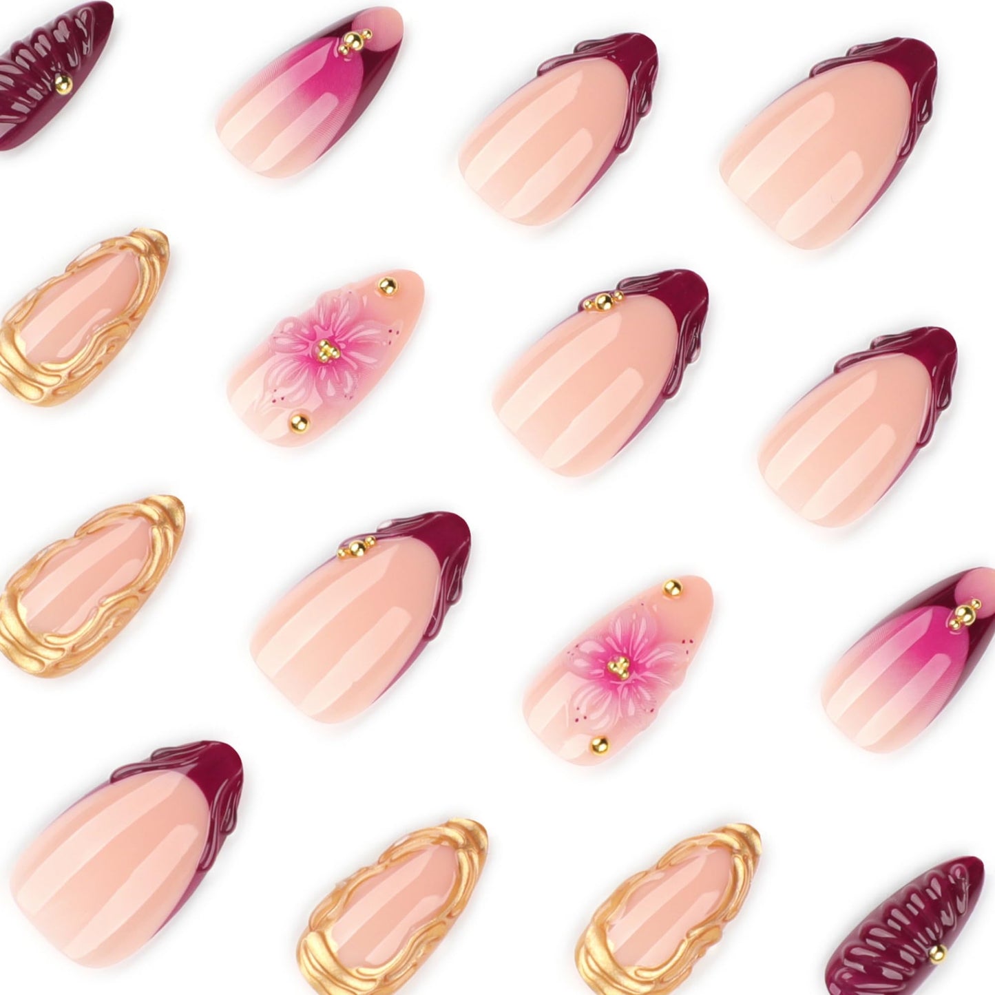 octoswave Press on Nails Long Almond Fake Nails Purple French Artificial Nail with 3D Flowers Designs Stick on Nail for Women 24pcs