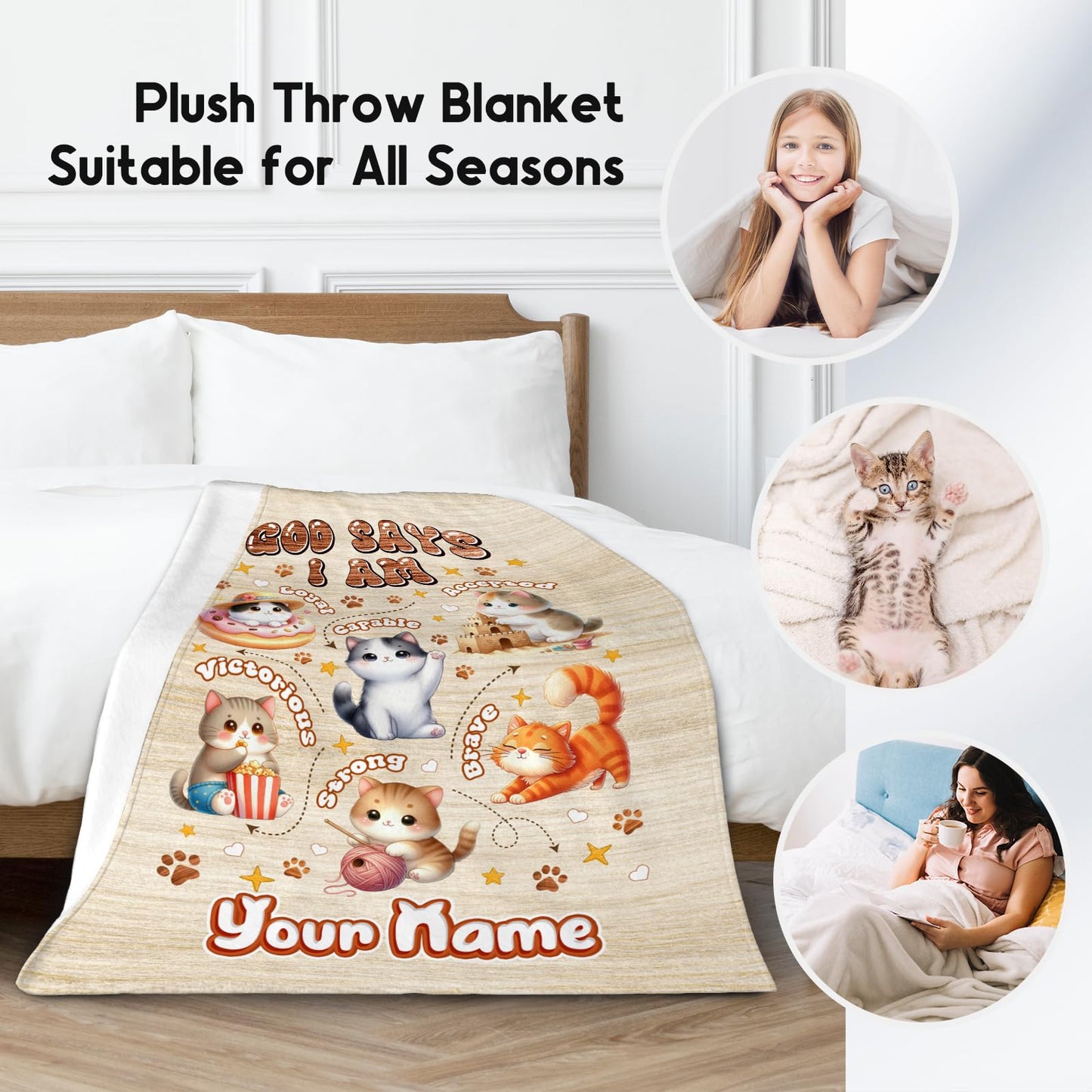 Personalized Cat Blankets with Name, Cat Themed Gifts for Girls Cat Lovers, Animal Print Blanket with Cats on It, God Says I Am Blanket for Kids Daughter Son, Fleece Throw Blankets for Bed, 60"x80"