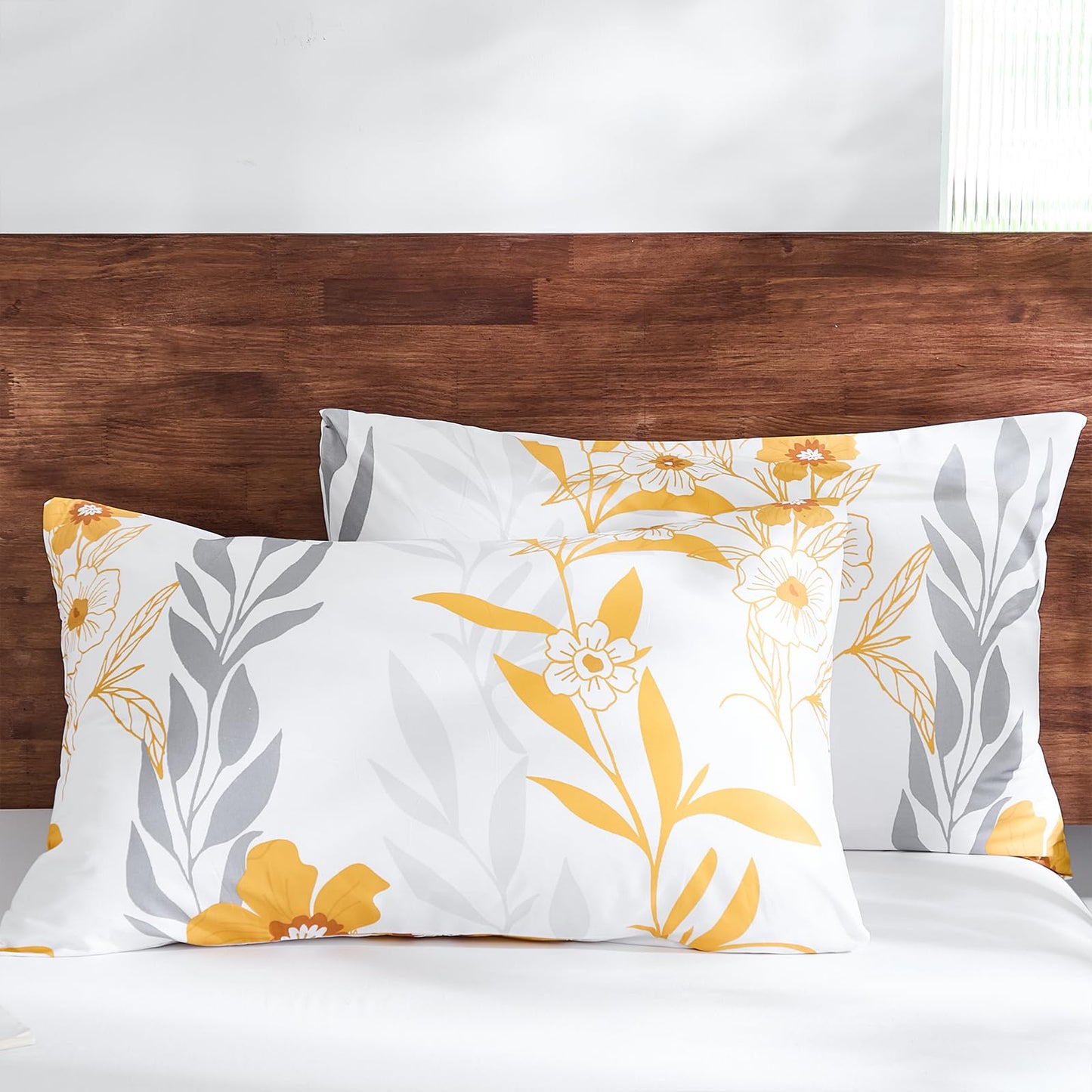 100% Cotton Floral Comforter 3 Pcs Botanical Queen Bedding Set Yellow Flower Grey Leaf Plant Printed Super Soft Cozy Country Rustic Bed Comforter Set All Season