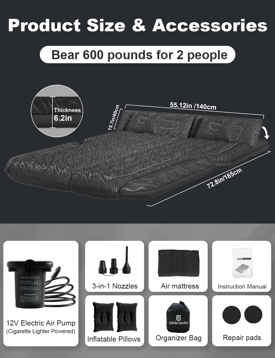 Umbrauto SUV Air Mattress for Trunk: Upgraded Car Camping Mattress with Flocked Surface and Extra Thick Bottom, Van Sleeping Bed for Back Seat with Pump, Nozzle, Repair Patch, Carry Bag