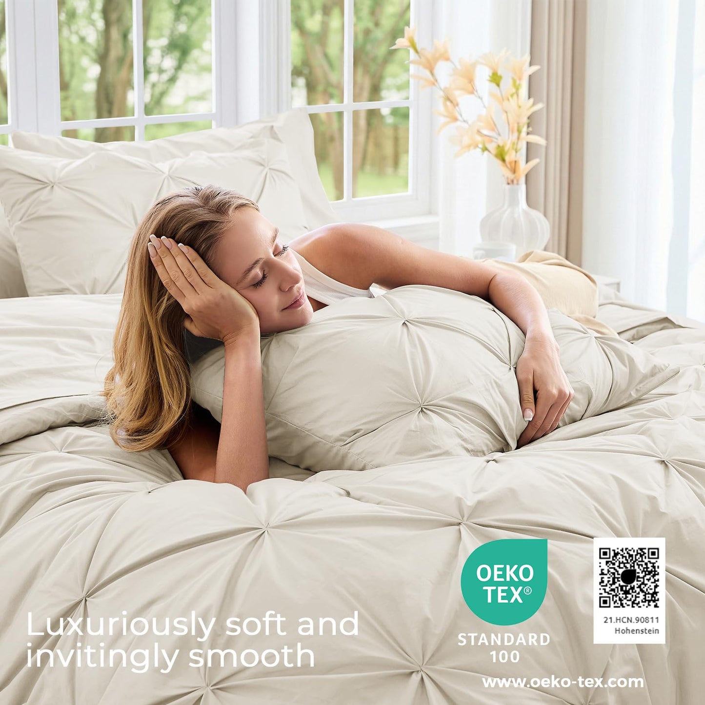 Sasttie Queen Comforter Set, 7-Piece Bed in a Bag, Pintuck Bedding Sets for All Season, Includes Comforter, Flat Sheet, Fitted Sheet, Pillowcases and Pillowshams, Beige