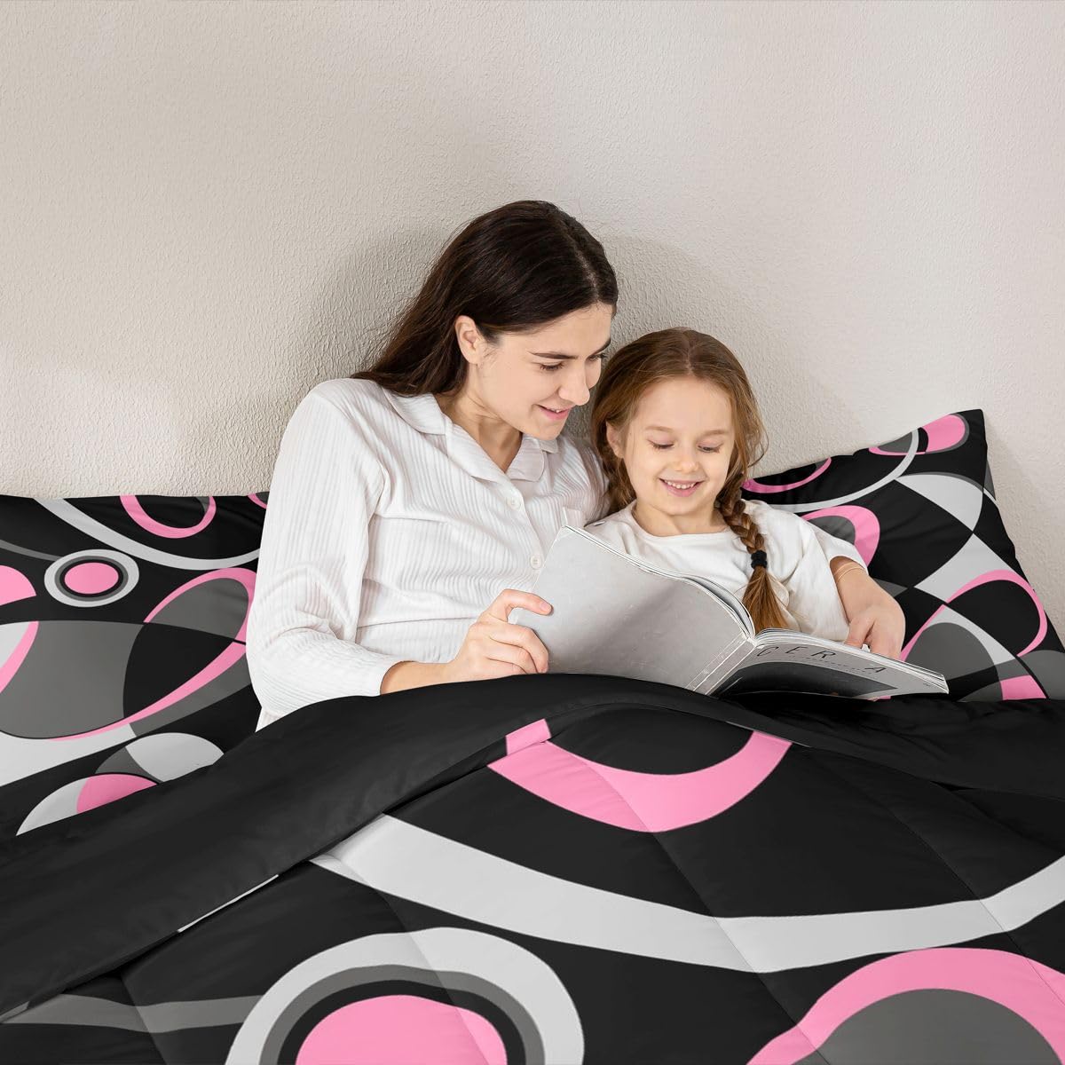 Feelyou Pink Grey and Black Comforter Retro Circle Geometrics Comforter Set Modern Abstract Art Bedding Set for Kids Boys Girls Geometrics Swirl Duvet Set Luxury Room Decor Quilt Set Queen Size