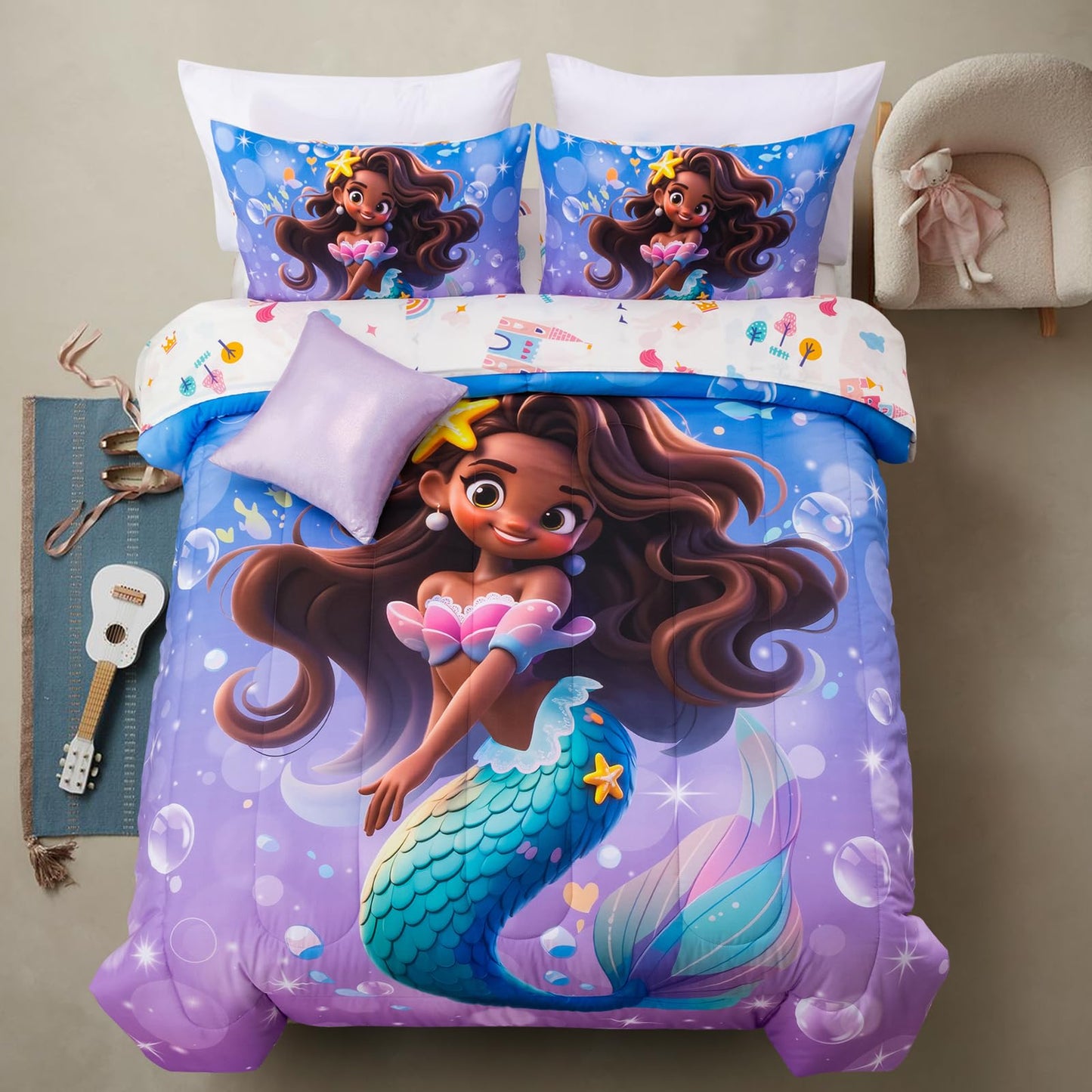 A Nice Night Mermaid Wearing Starfish Hair Accessory Queen Comforter Set for Girls, Ocean Theme Twin 6-Piece Bed in a Bag with Sheet Set & Pillowcases