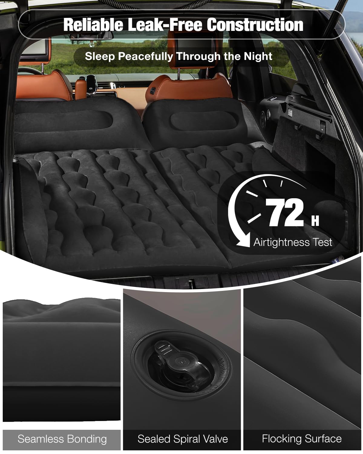 BEBAS Back Seat Car Air Mattress: Inflatable SUV Car Camping Bed for Truck, Van & Trunk, 600 lbs Thickened Double-Sided Flocking Travel Car Sleeping Pad with Air Pump & 2 Pillows