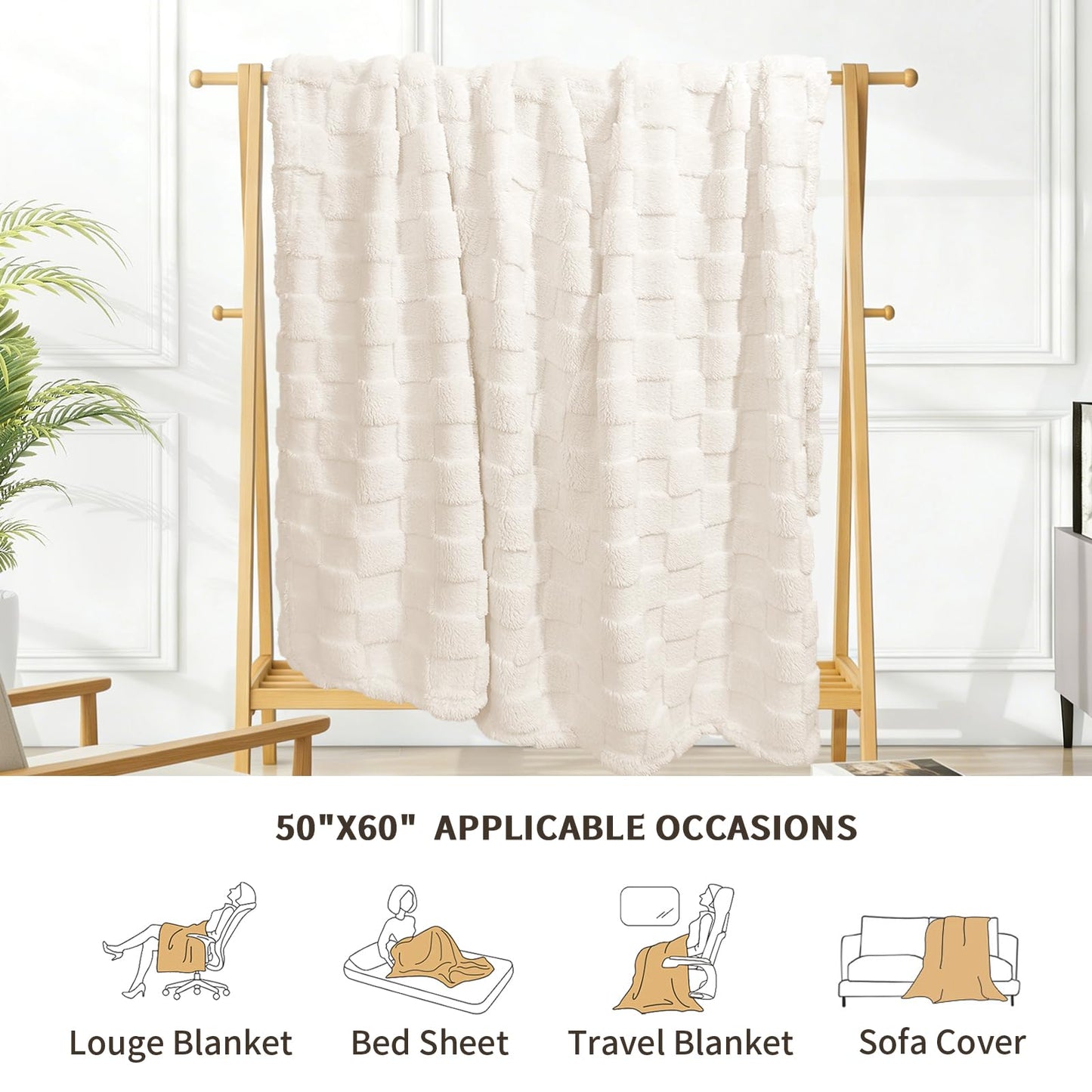 NovaSunrise Checkerboard Fleece Throw Blankets Soft Flannel Plush Blankets for Couch, Sofa, Bed, Home - Lightweight Warm Gifts for Wedding, Travel, Pet (1, Ivory, 50x60 in (300GSM))