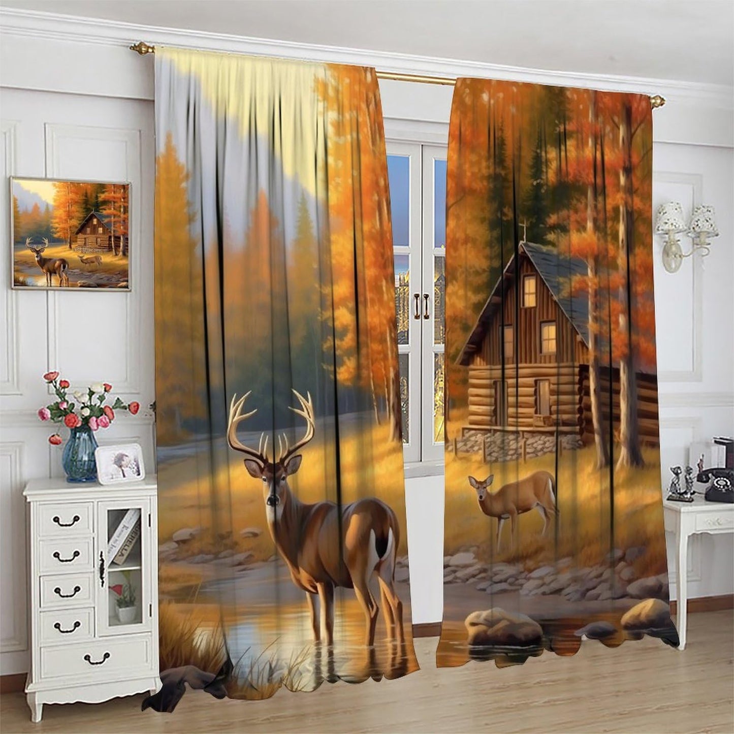 AAVEUP Deer Curtains for Bedroom,Vintage Rustic Fall Hunting Farmhouse River Cabin Elk Wildlife Window Drape for Boys Girls Living Room Farmhouse Cottage 42x45in（No Blackout）