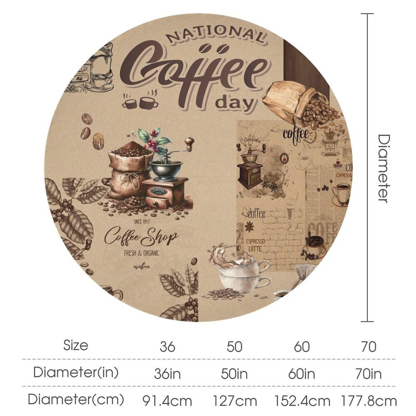 GoDazzling Coffee Modern Kitchen Round Tablecloth, Retro Country Brown Coffee Latte Bean Pattern Print Tablecloth for Home Party Dining Room Kitchen Decor 36Inch(90cm)