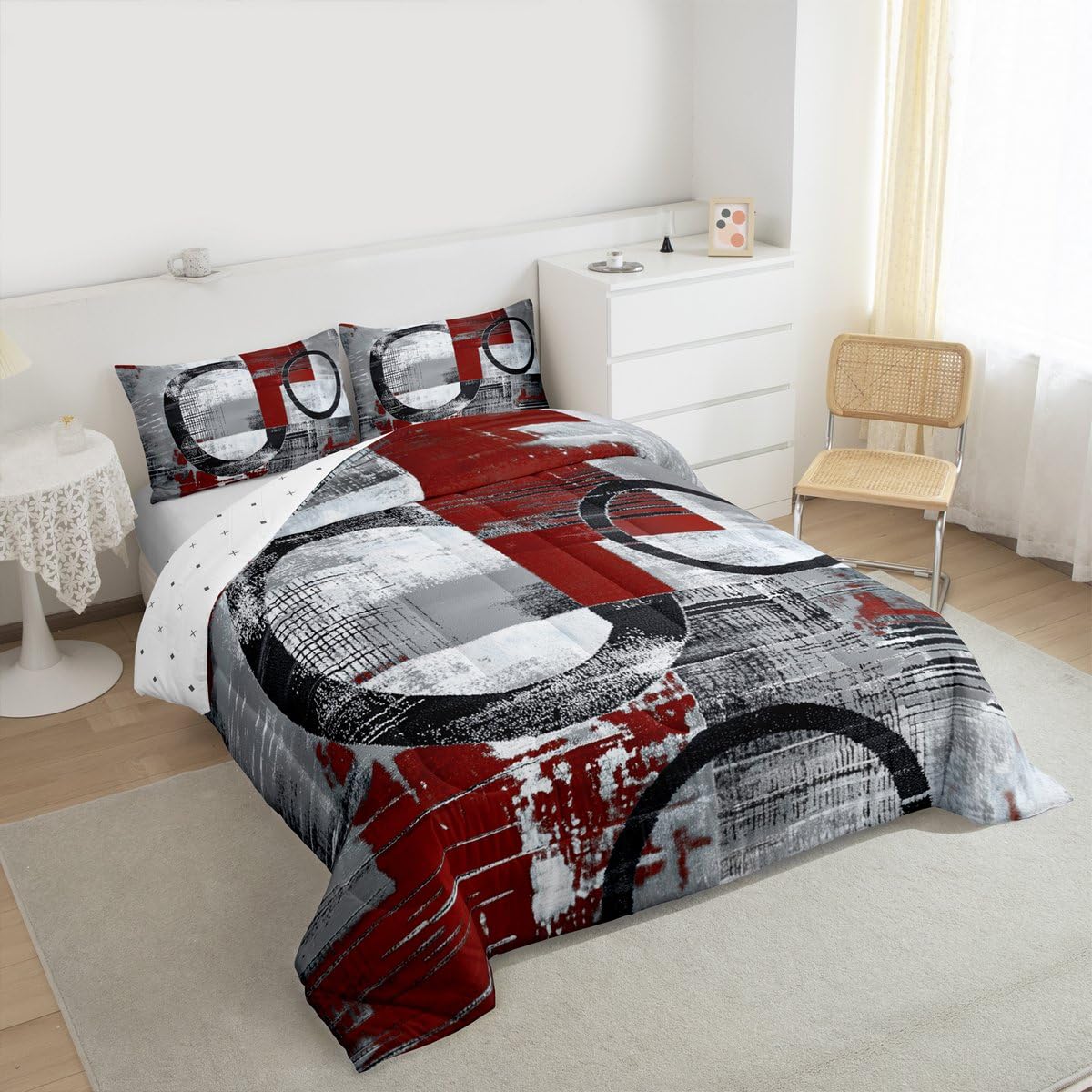 Feelyou Abstract Kids Comforter Set Full Size Modern Abstract Art Bedding Set Geometric Duvet Quilt for Kids Boys Girls Bedroom Luxury Decor Wine Ultra Soft