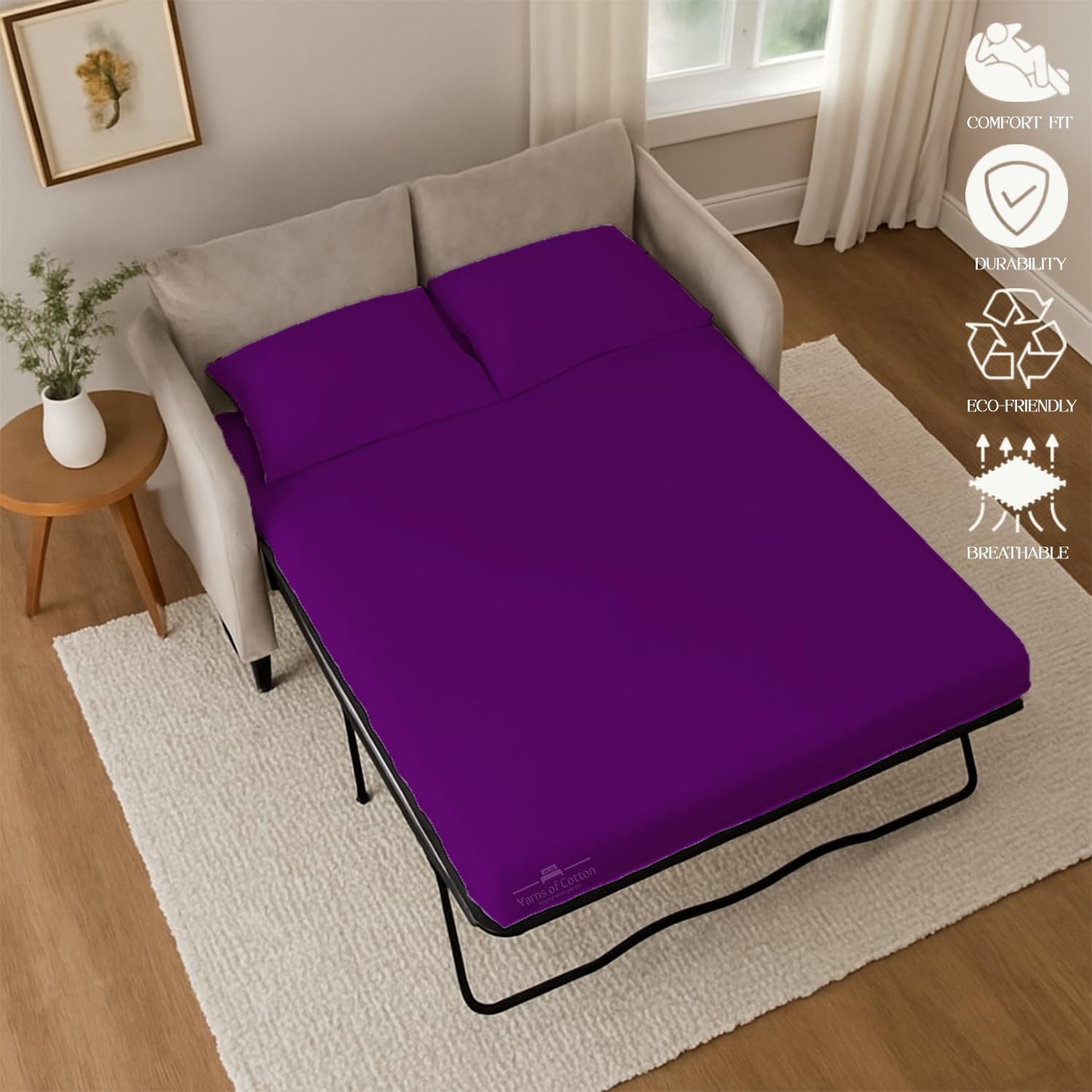 Sleeper Sofa Bed Sheet, 100% Cotton 400 Thread Count, 4 Piece Set, Deep Pocket Fitted Sheet, Soft Wrinkle Free & Breathable, Luxury Hotel Quality, Fits Up to 6 Inch Mattress (Full, Purple)
