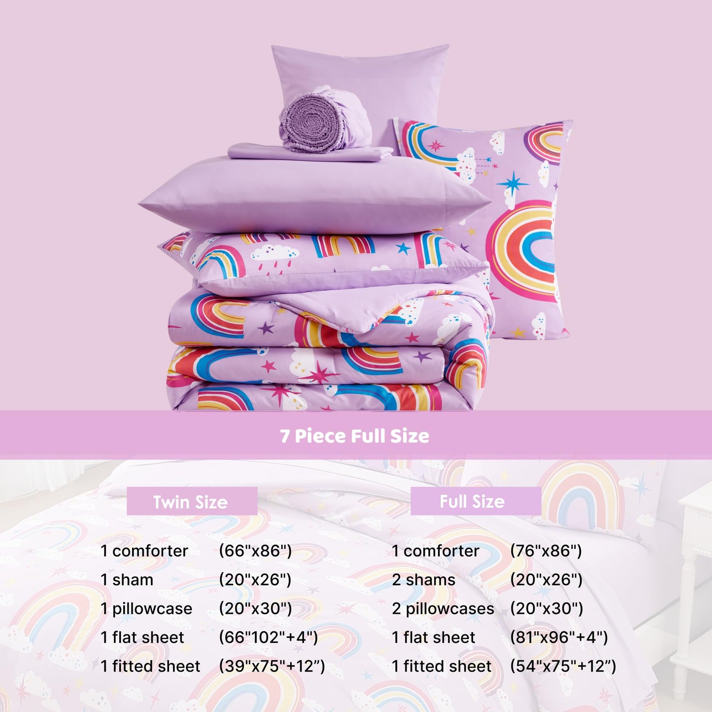 Wink Deer Full Size Comforter Set for Girls-7 Pieces Purple Rainbow Glow in the Dark Full Bedding Sets for Kids, Ultra Soft Bed in A Bag with Sheets