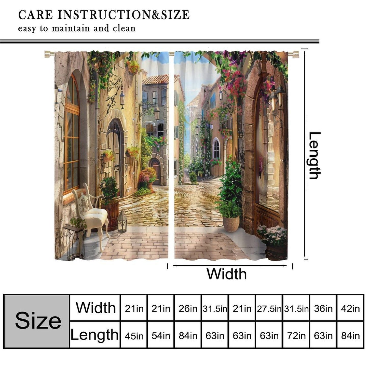 GoDazzling European Italian Curtains, Old Mediterranean Street Stone Rock House Floral Porches Pastoral Town Scenery Window Drapes, for Living Room Bedroom 41" W X 45" L (No Blackout)