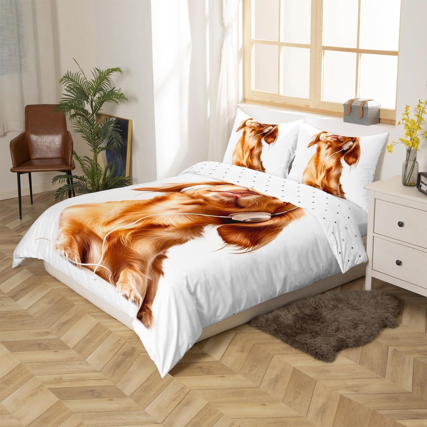 Erosebridal Kawaii Dog Comforter Cover Set King for Kids Boys Girls Yellow Puppy Dog Bedding Set for Women Men Kawaii Room Decor, 3D Cute Animal Duvet Cover Headphones Music Theme Quilt Cover