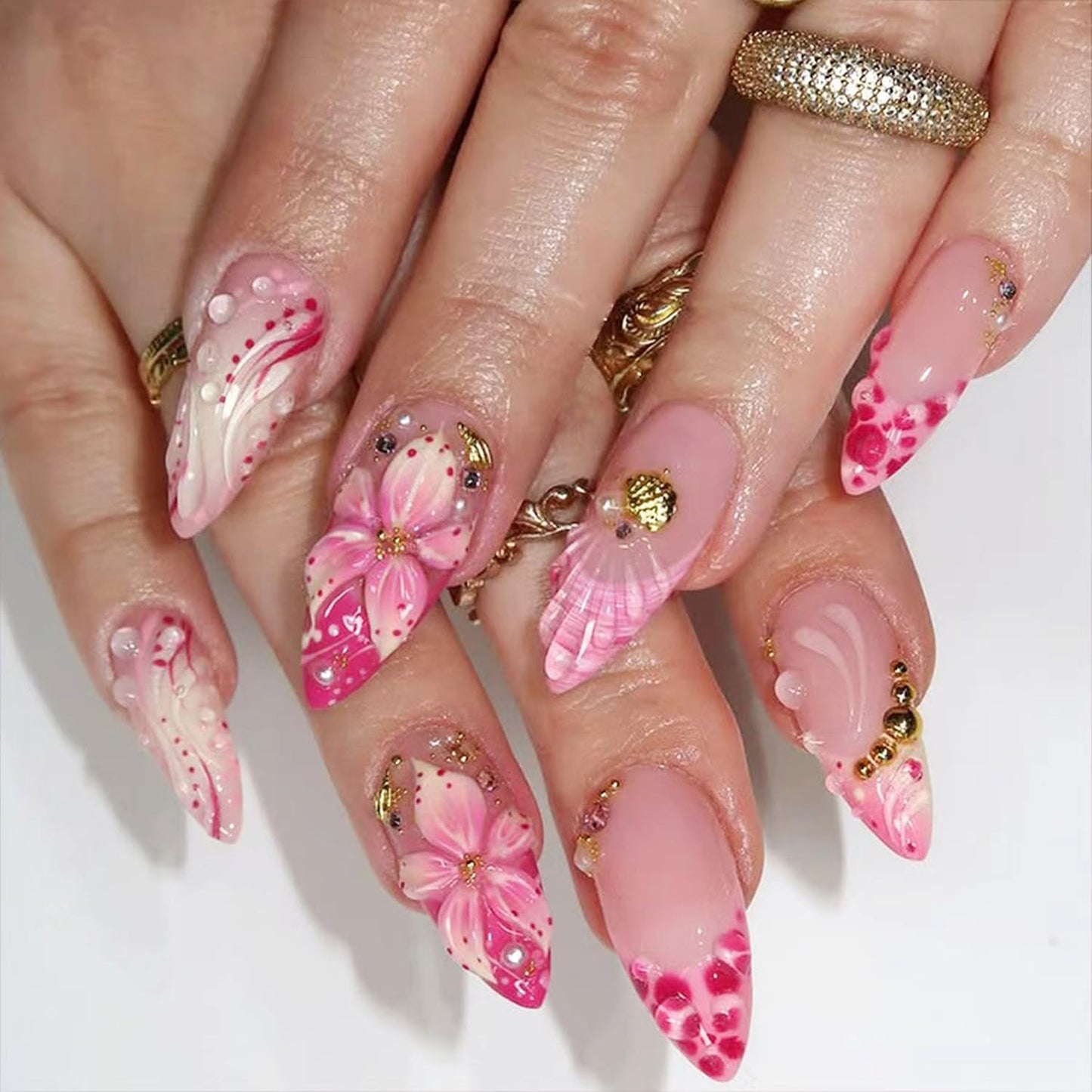 24Pcs Pink Flower Press on Nails Medium Almond French Tip Fake Nails with 3D Gold Gems Design Starfish Pearl False Nails Nude Full Cover Artificial Glue on Nails Handmade Stick on Nails for Women DIY
