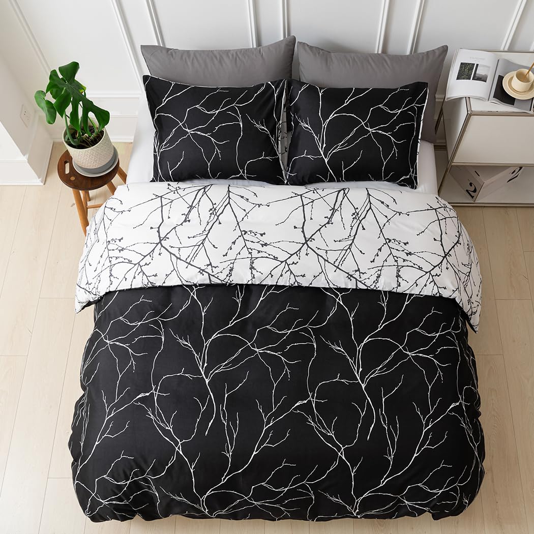 Lekesky Reversible Duvet Cover King Size, Black White Branch Comforter Cover King 3pcs Microfiber Botanical Bedding Set with Zipper Closure Corner Ties