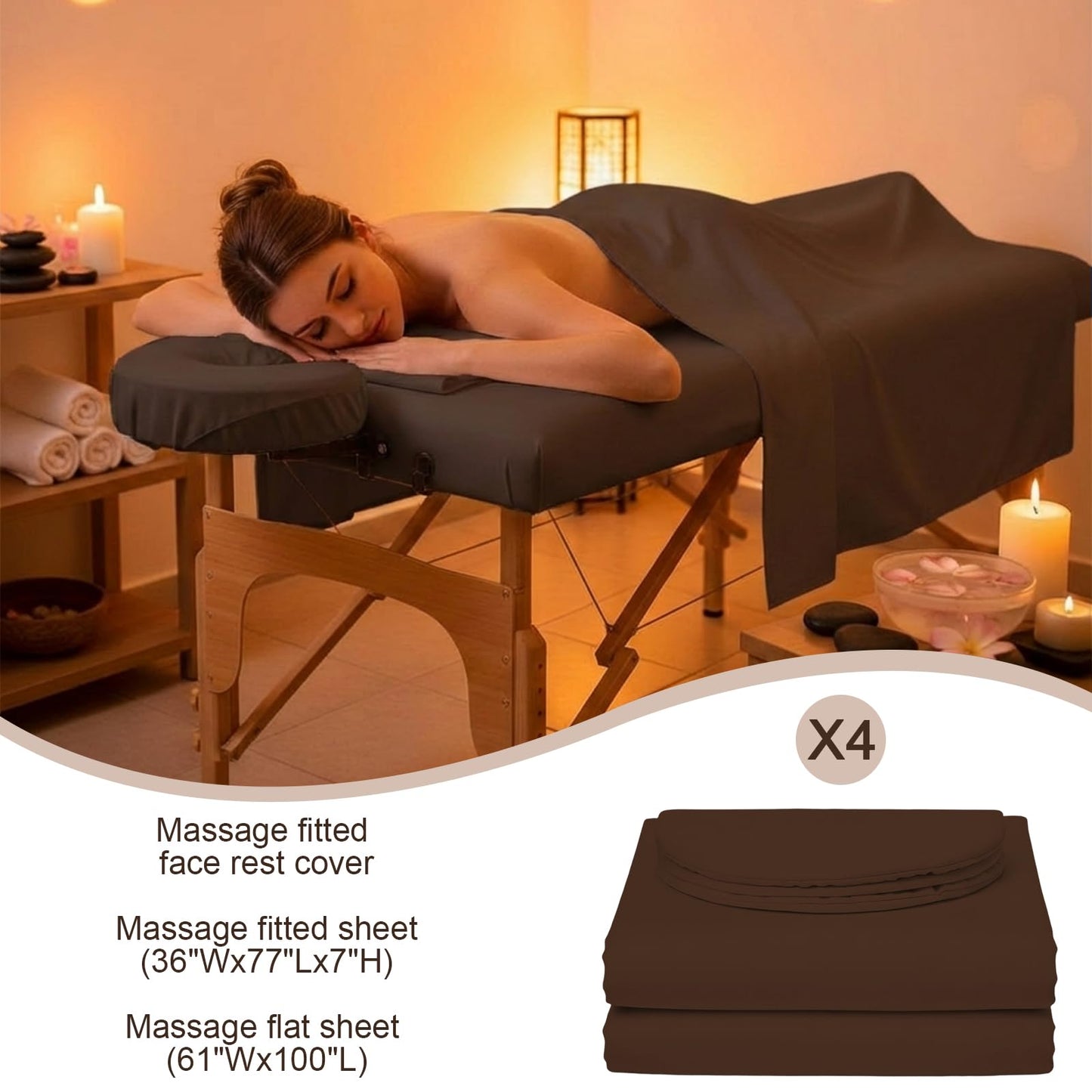Oudain 4 Sets 3 Piece Soft Microfiber Massage Table Sheets Set Bulk Includes Massage Flat Sheet and Fitted Sheet and Face Rest Cover(Chocolate)