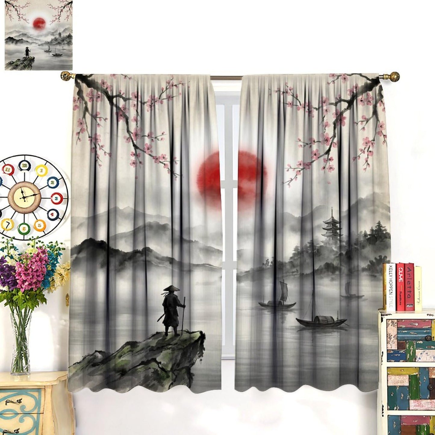 Nsbul Japanese Samurai Curtains, Ink Wash Cherry Blossom Misty Mountain Pagoda Lake Boat Oriental Window Drapes for Bedroom Living Room Home Decor, 42" W X 45" L（No Blackout