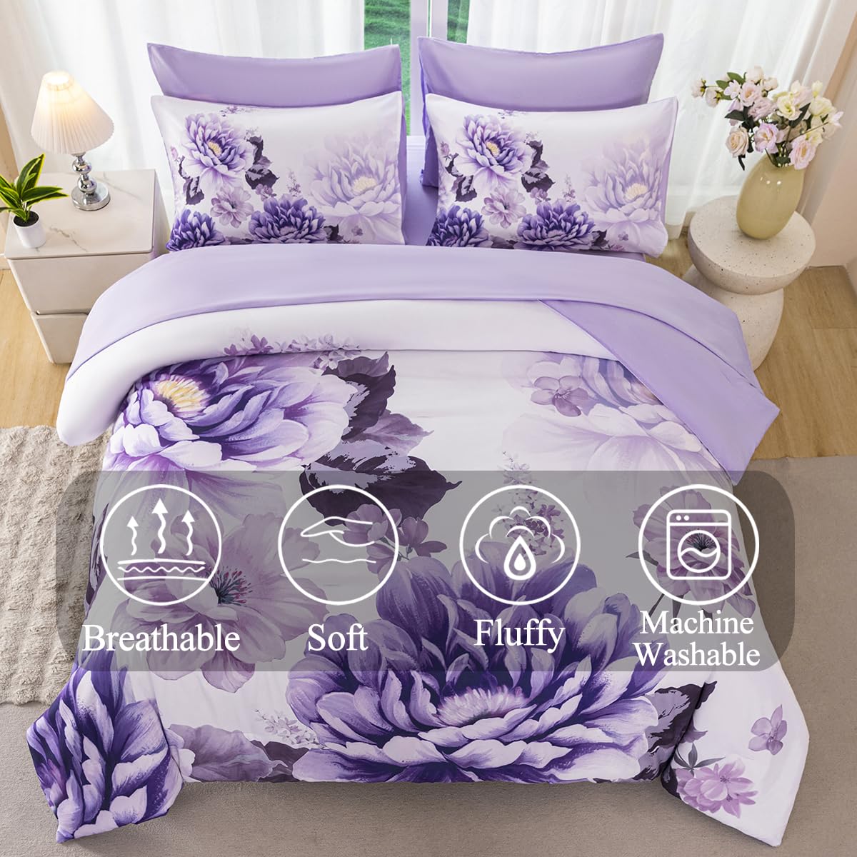 ZSYAYAHA Purple Comforter Set Queen 7 Pieces Floral Bedding Set for Women Flower Bed Set Soft Reversible Pink Peony Bed in A Bag with Sheets(Purple, Queen)