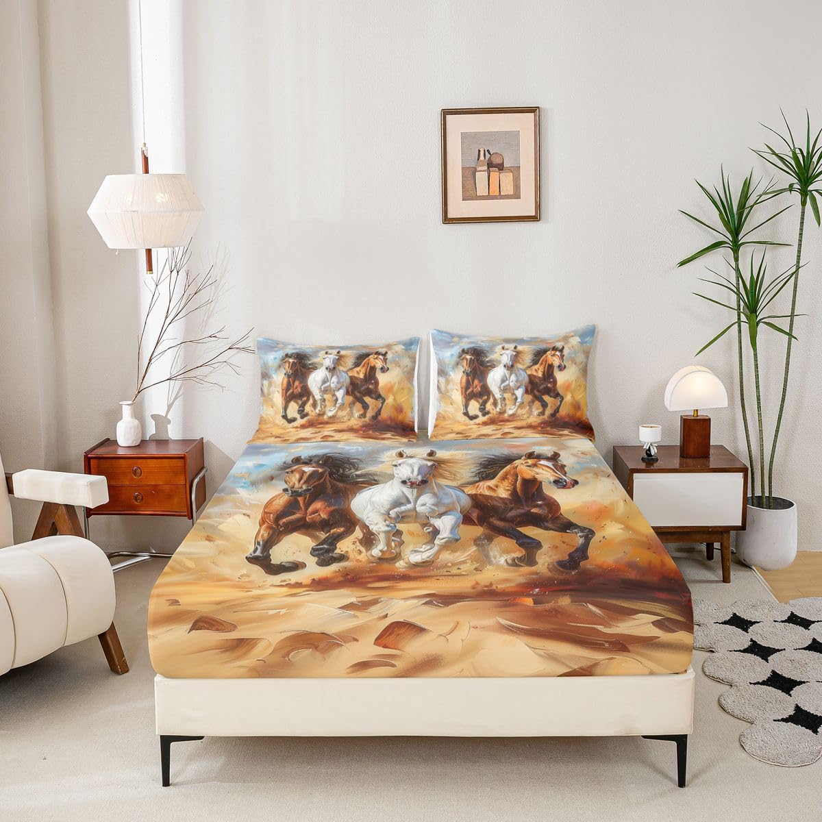 jejeloiu Galloping Horse Bed Sheets Sets Queen Size Kids Boys Girls Wild Animal Bedding Set Handsome Horse Bed Sheet Set with 16-Inch Deep Pockets Western Farm Animals 4Pcs with 2 Pillow Cases