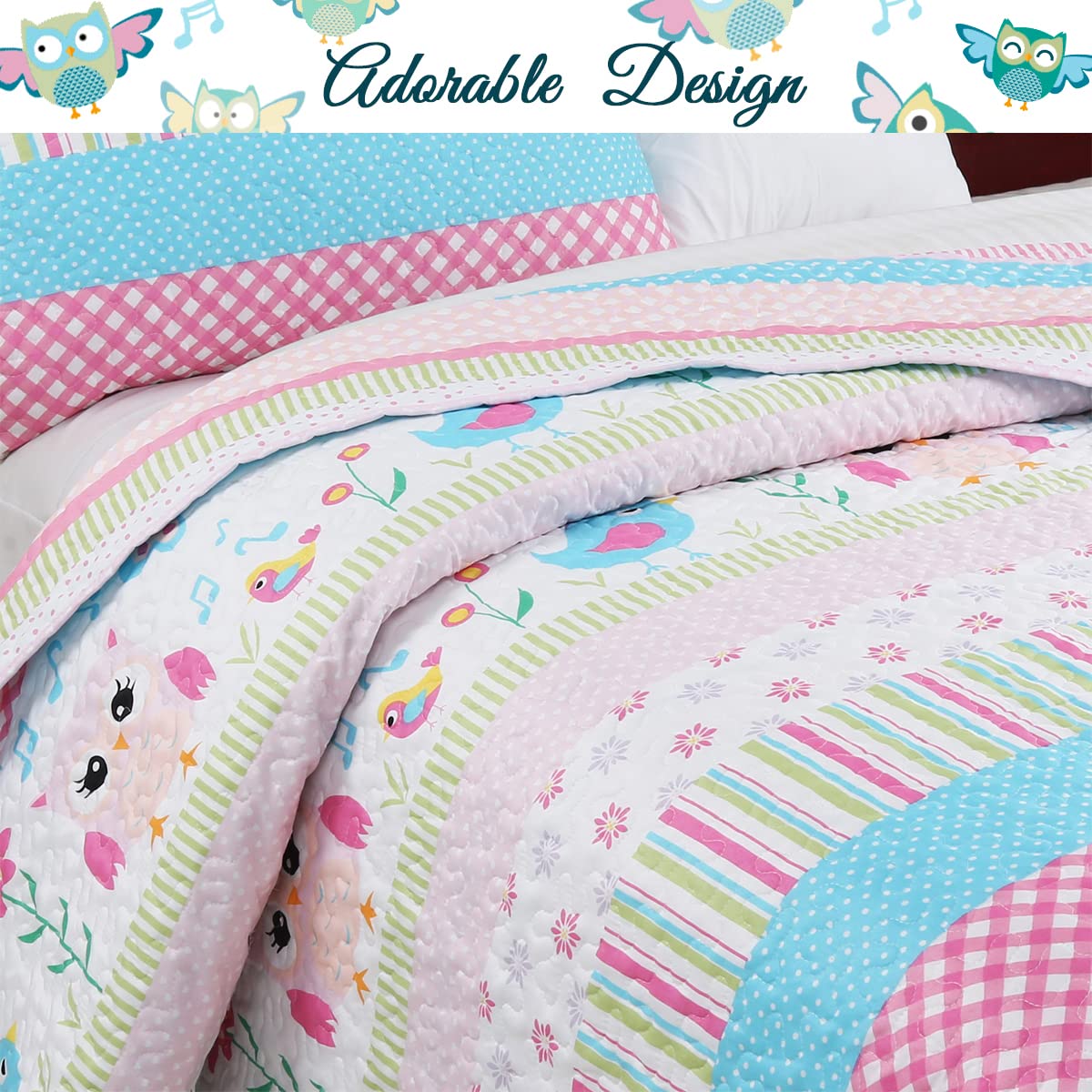 Cozy Line Home Fashions Happy Owl Pink Reversible Quilt Bedding Set, Coverlet, Bedspreads for Girls (Happy Owl, Twin - 2 Piece)