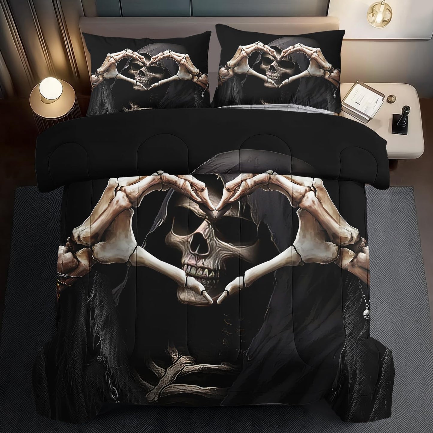 llyxsesty Black Skull Comforter Set Queen Black Goth Comforter Sets for Couple Skull Bedding Girls Medieval Bedding Goth Room Decor Love Heart Bed Quilt Love Home Decor