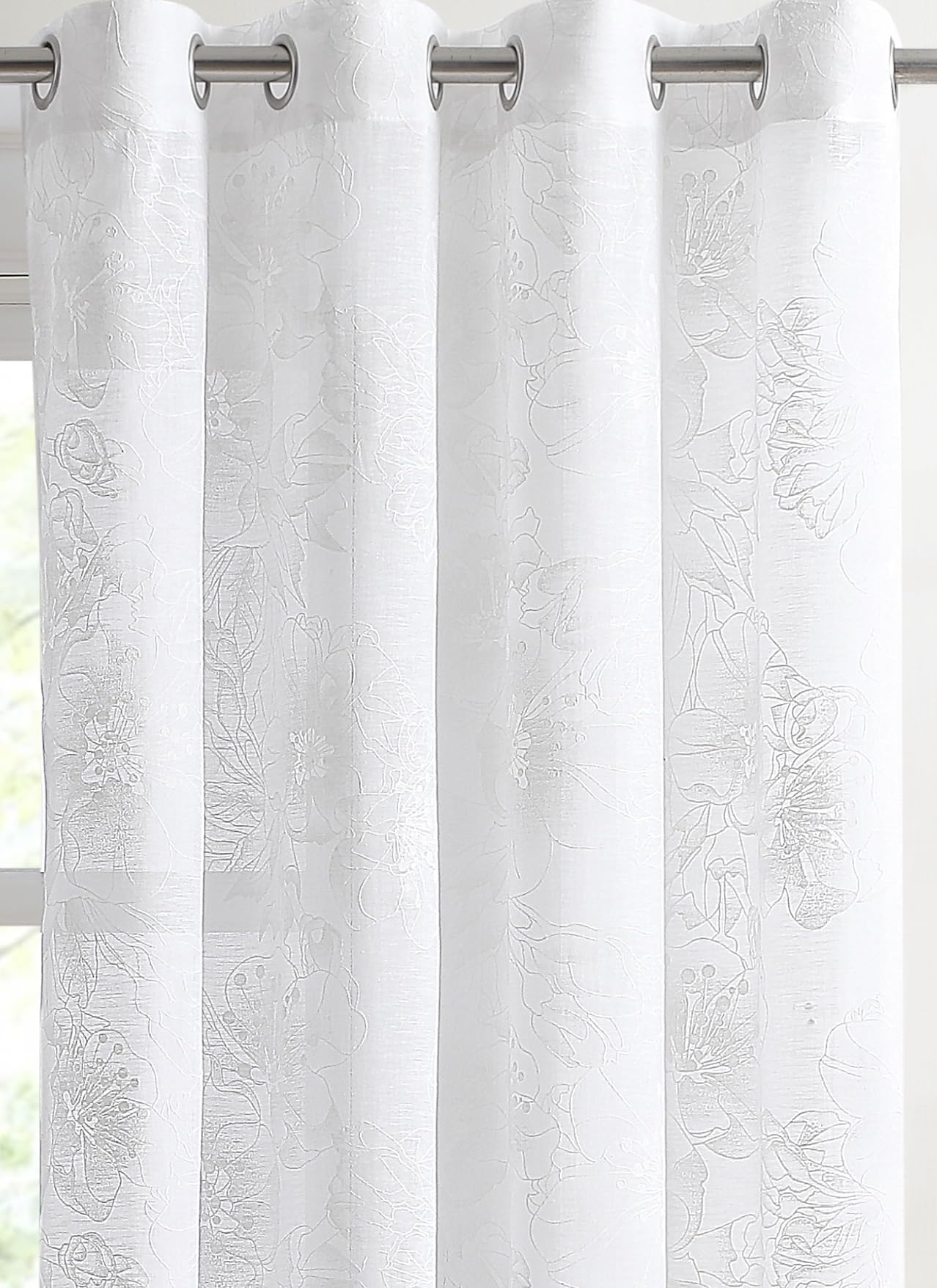 FL White 63 Inch Sheer Floral Curtains - Modern Farmhouse, Embroidered Flower Pattern for Country or French Decor