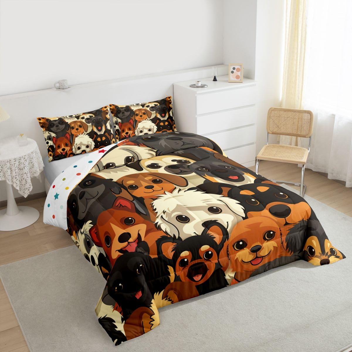 jejeloiu Cute Dog Comforter Set Toddler Size Kawaii Pet Animal Bedding Set for Kids Boys Girls Puppy Duvet Quilt Bedroom Decor Microfiber 2 Pcs with 1 Pillow Cases